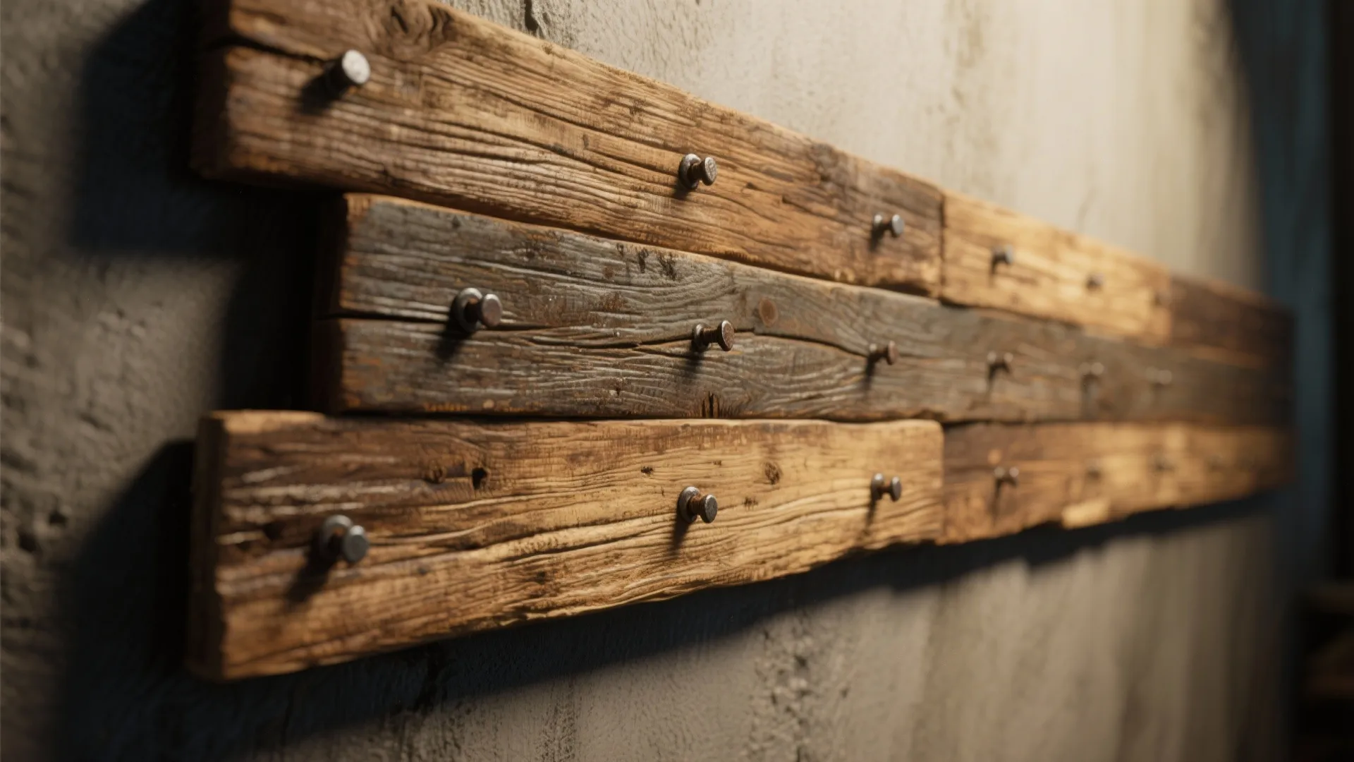 Close up of rustic old wooden boards fixed to a grey wall with metal nails