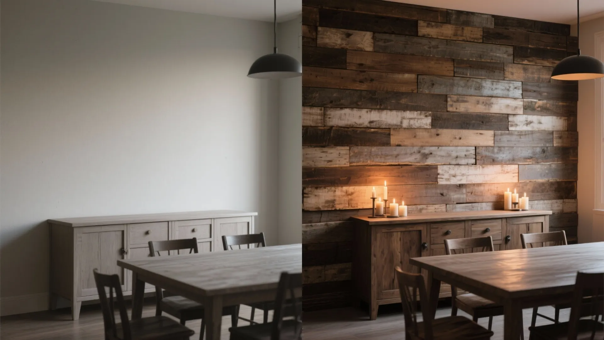 Before and after comparison showing a plain white wall transformed into a rustic wood wall panel