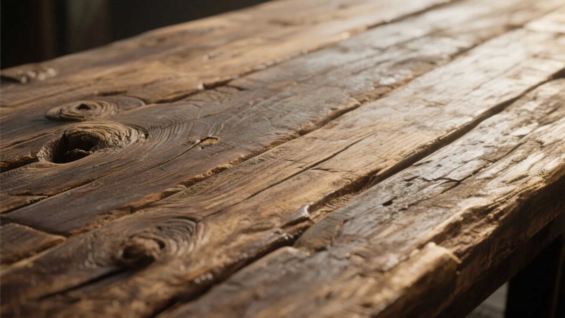 Close-up of reclaimed wood table surface showing patina and grain
