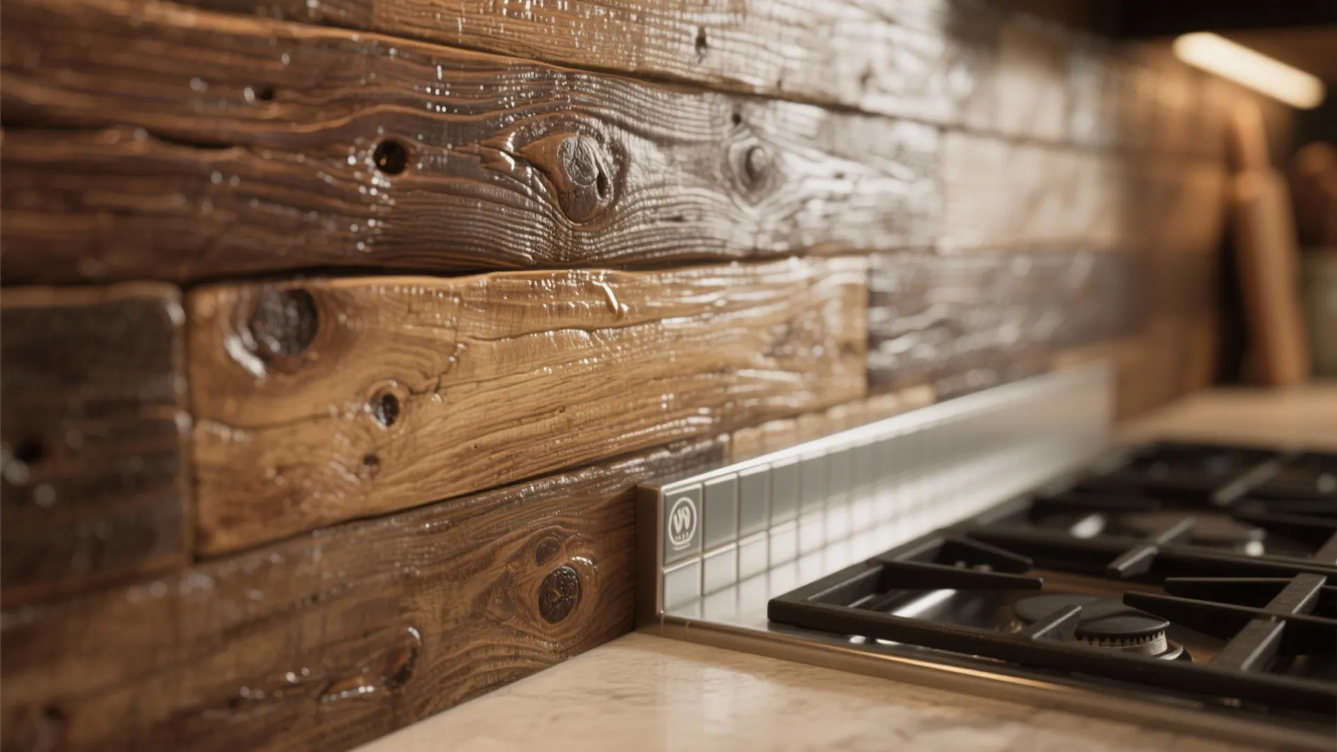 Kitchen wall featuring dark brown wood panels behind a silver stove and white tile backsplash