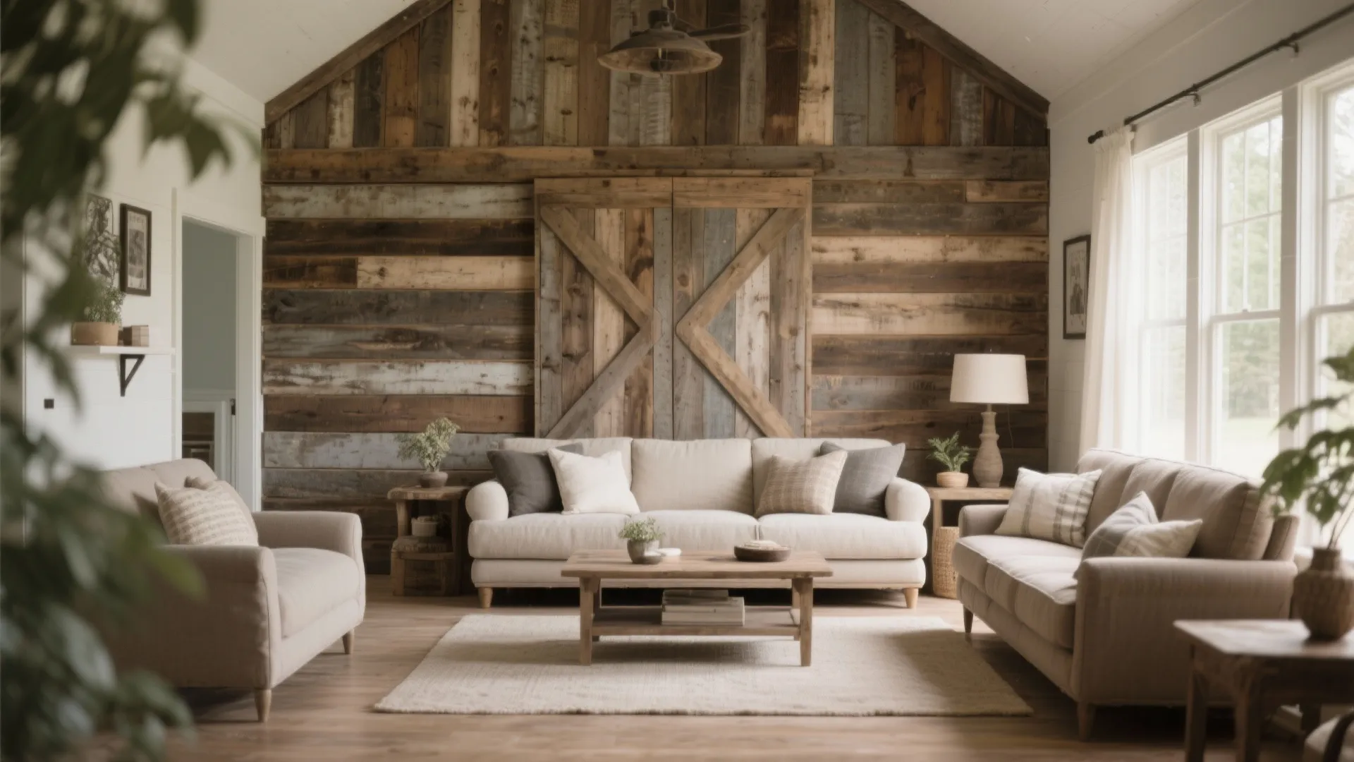 Rustic reclaimed barn wood accent wall in farmhouse living room