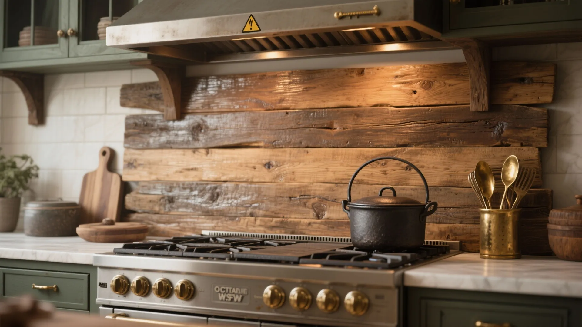 Rustic kitchen featuring wooden wall panel behind a gas stove with black pot and gold utensils