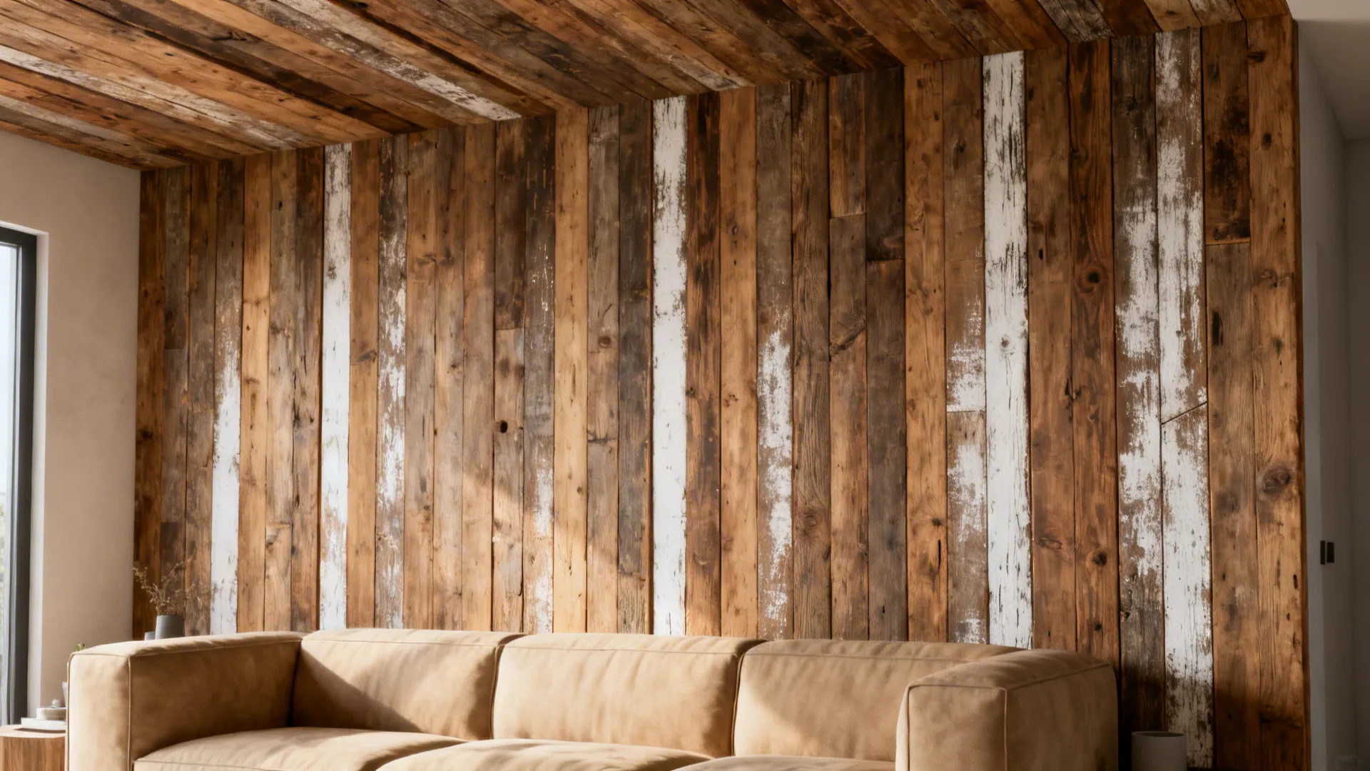 Reclaimed wood accent wall with vertical whitewashed planks in a small living room