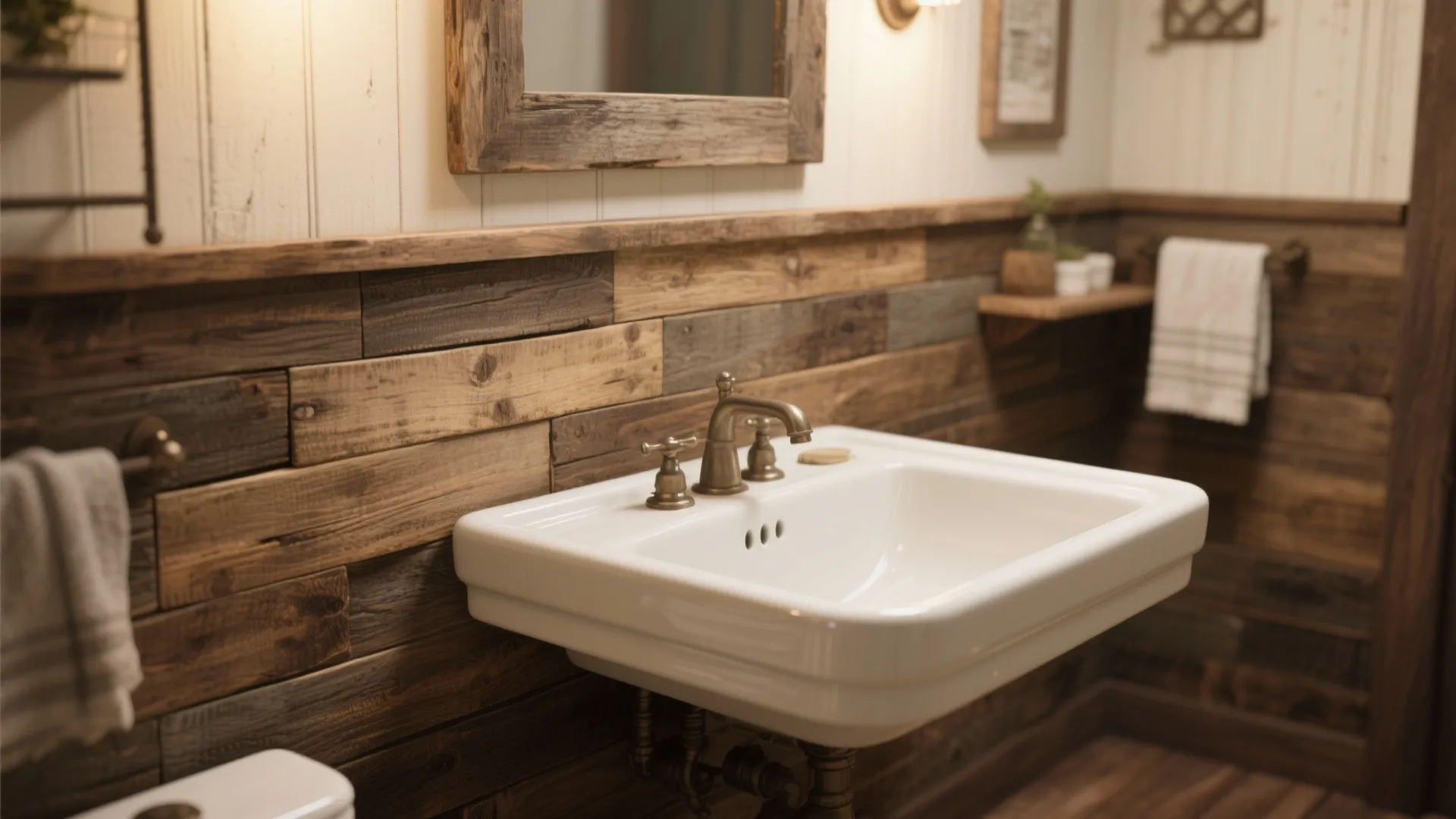 Rustic bathroom featuring a white sink against a wall made of various brown wooden planks design