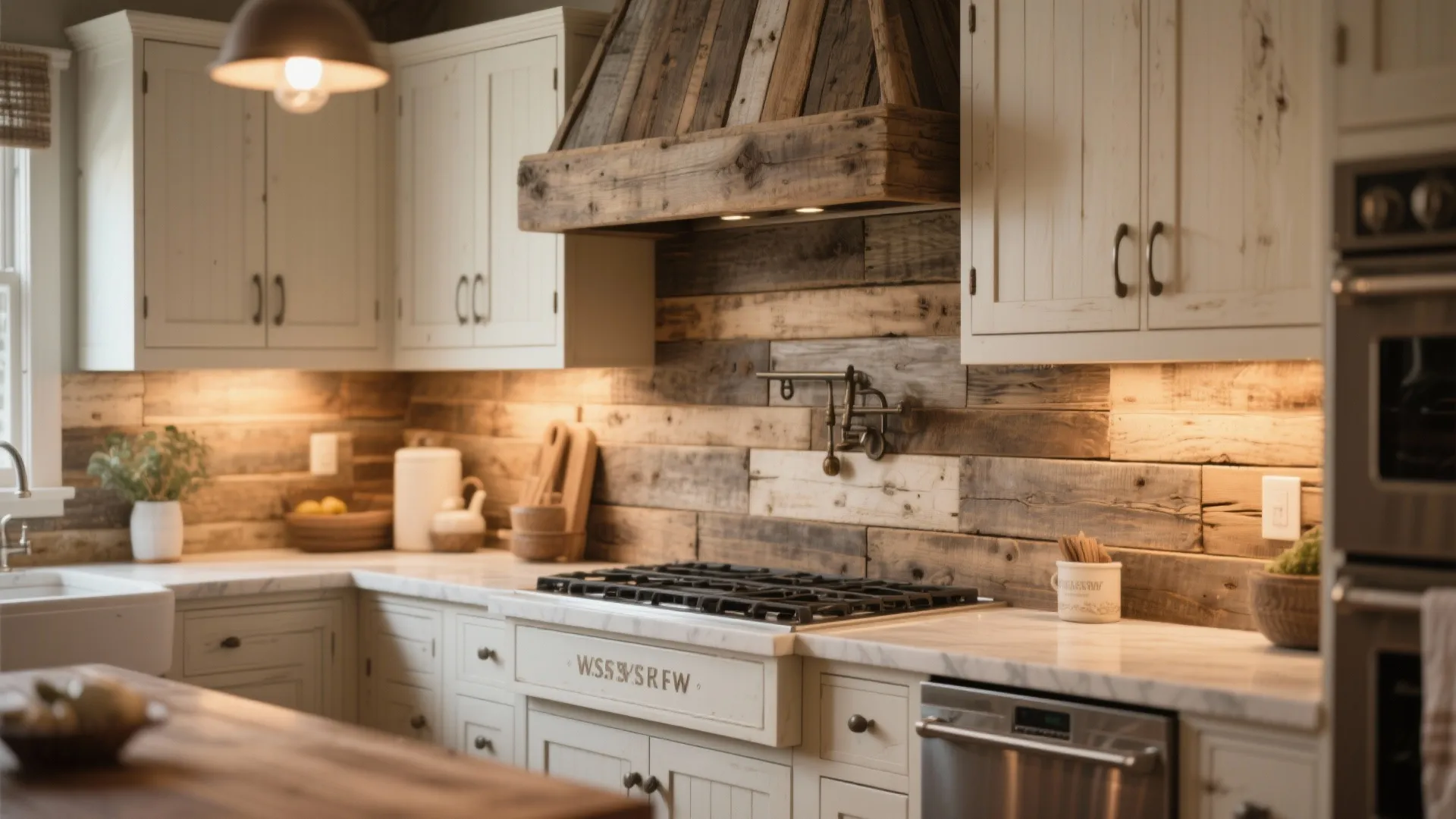 Rustic kitchen featuring white cabinets, reclaimed wood wall, matching vent hood, and marble countertop surface