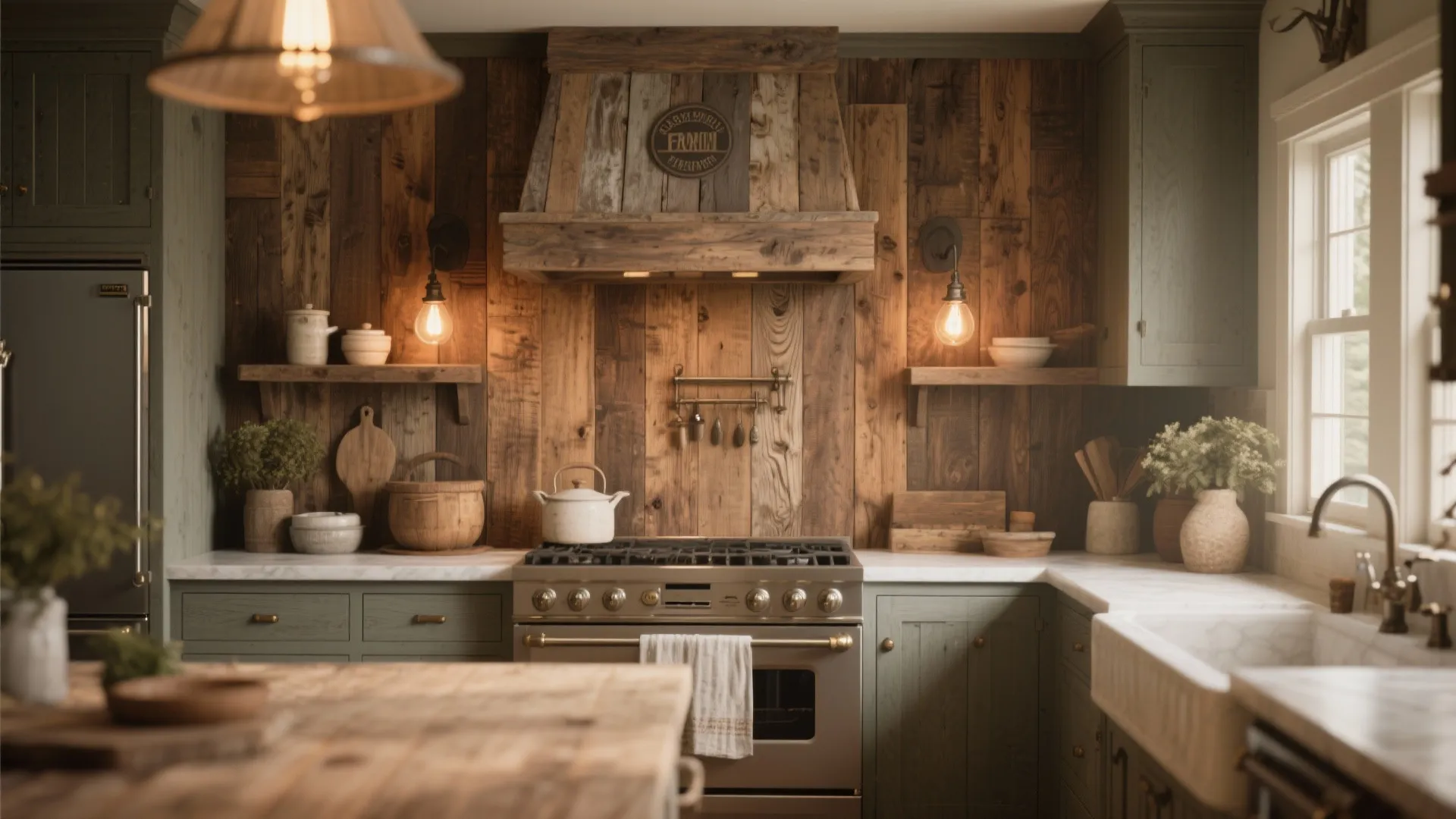 Rustic kitchen interior with reclaimed wood wall panel, green cabinets, gas stove, and warm lights