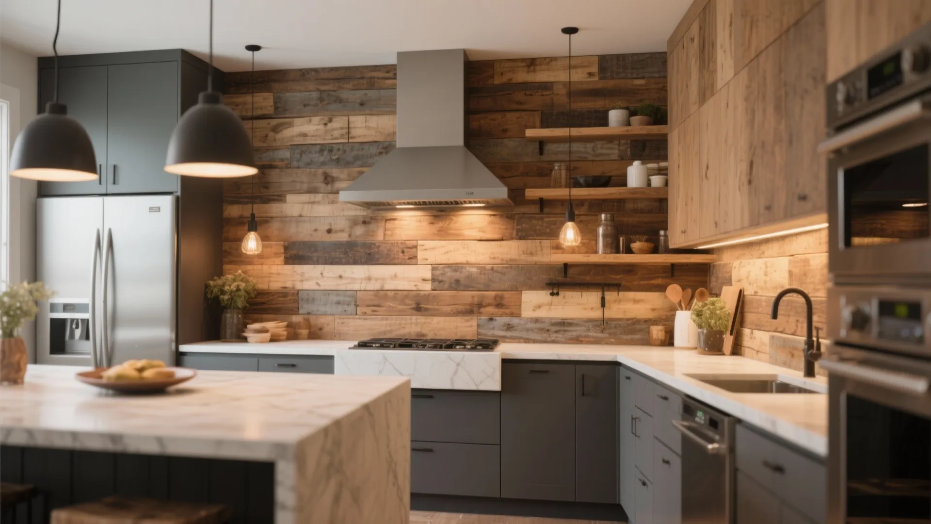Modern kitchen with wood wall panels dark grey cabinets marble counters and hanging light fixtures