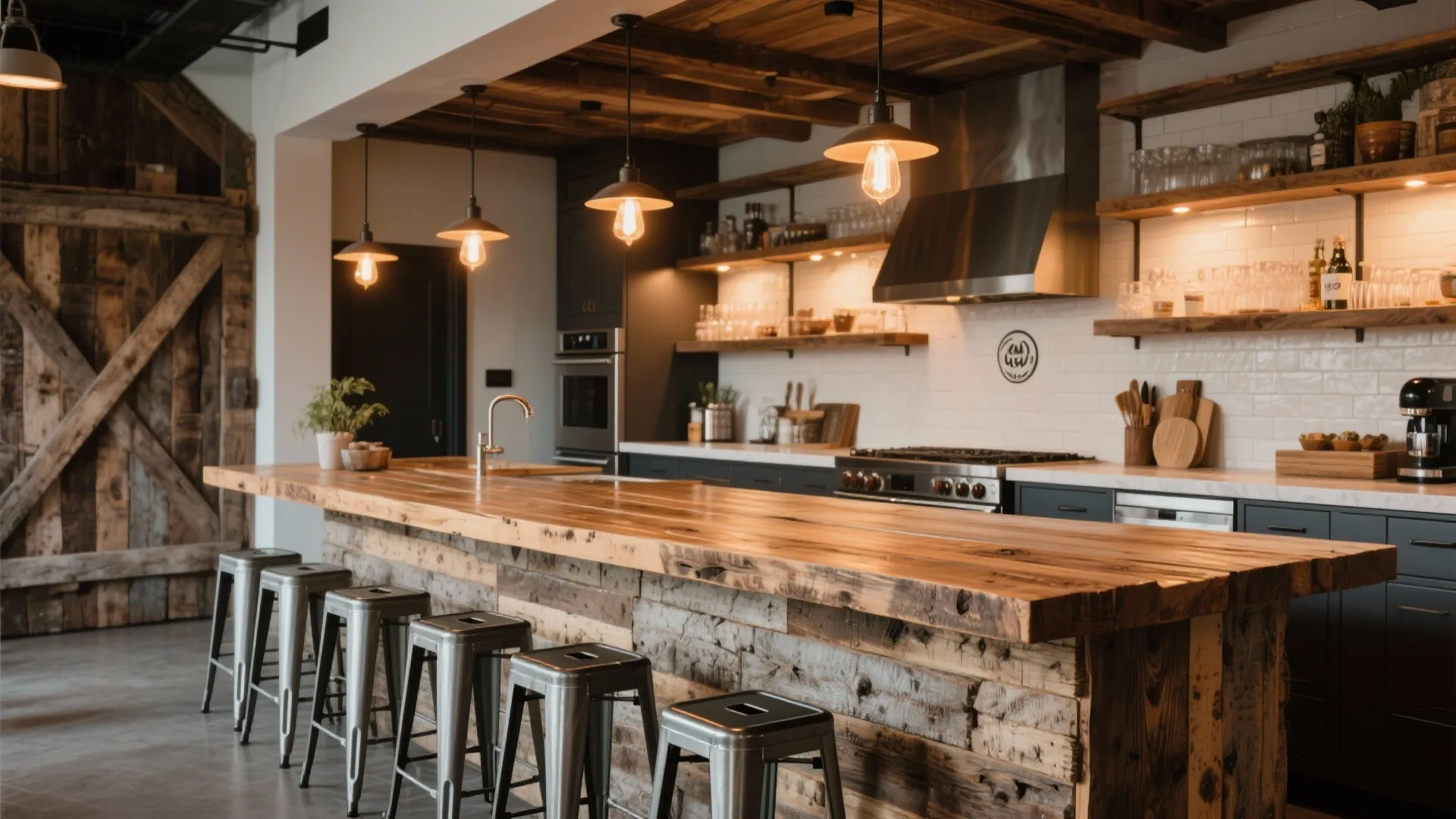 Industrial style kitchen with reclaimed wood island long breakfast bar metal stools and ceiling lights