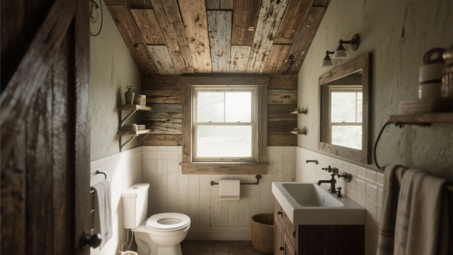 Rustic bathroom with reclaimed wood ceiling and walls featuring a white toilet and wooden vanity