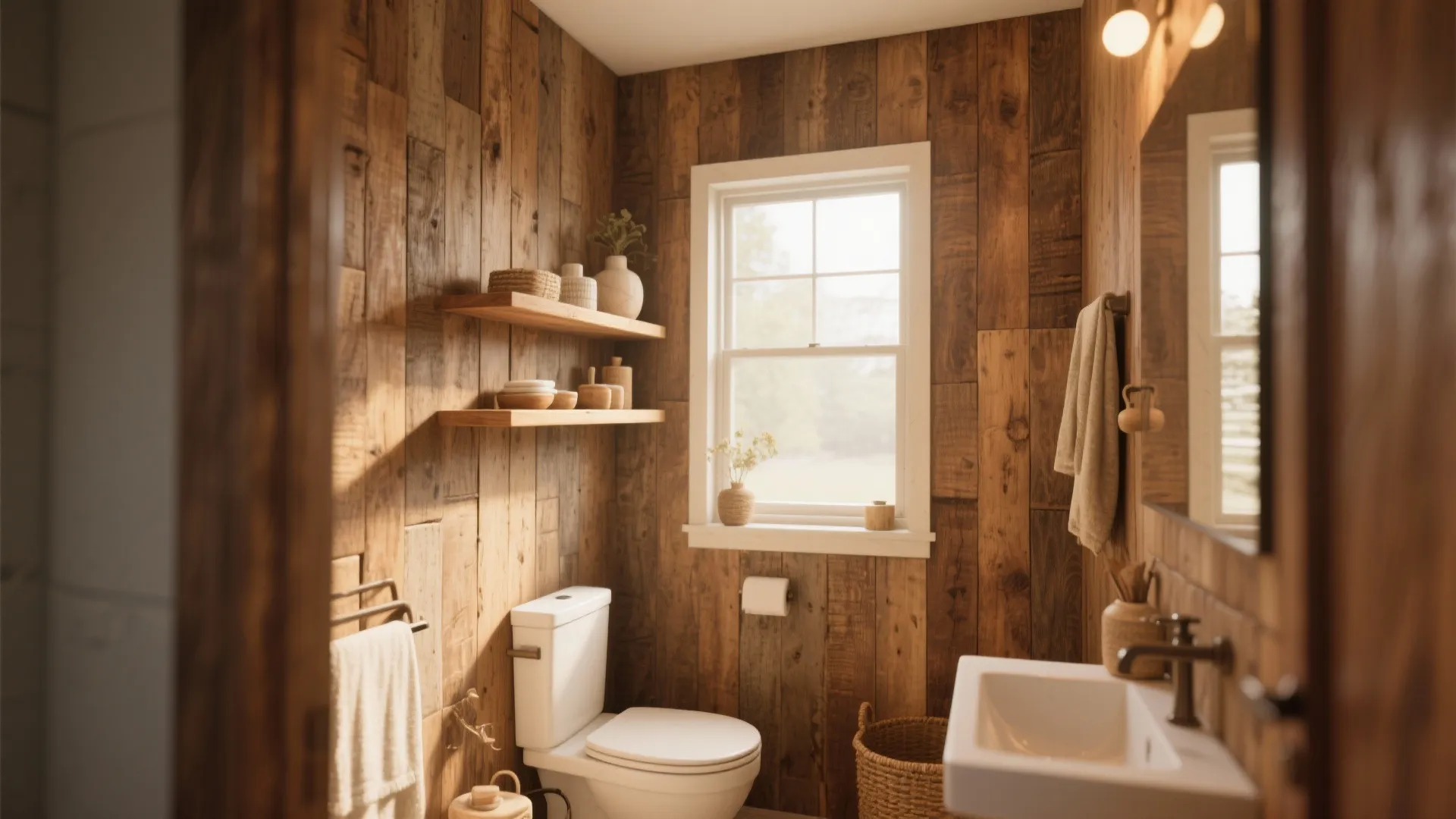 Rustic bathroom featuring natural wood wall panels with white toilet and sink plus wooden shelves