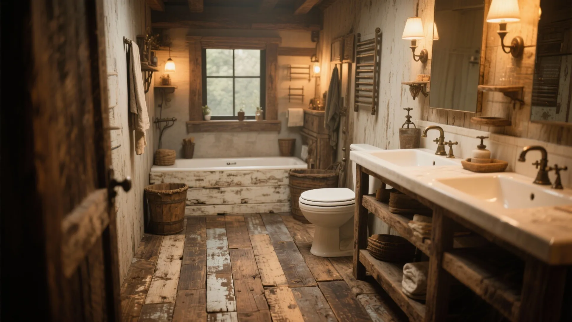 Rustic bathroom featuring weathered wood floor, white bathtub, toilet, double sink vanity, and wall lights