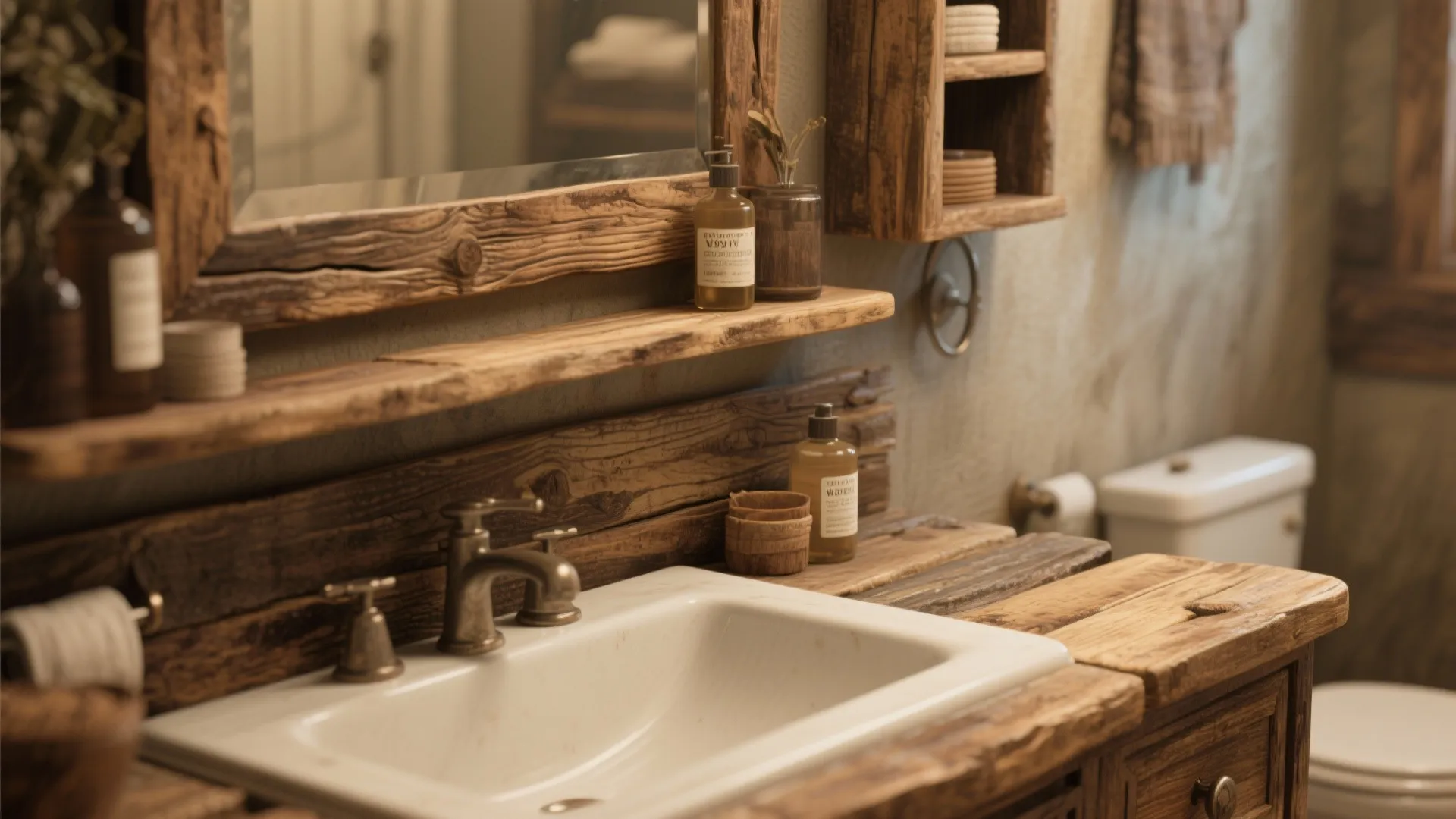 Rustic bathroom interior with white sink reclaimed wood vanity mirror and small cabinet for storage space