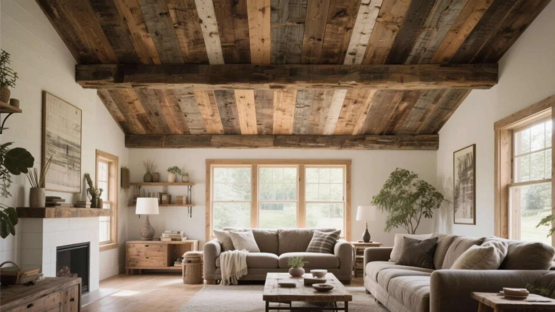 Modern farmhouse living room featuring a reclaimed wood ceiling with large beams and beige sofas