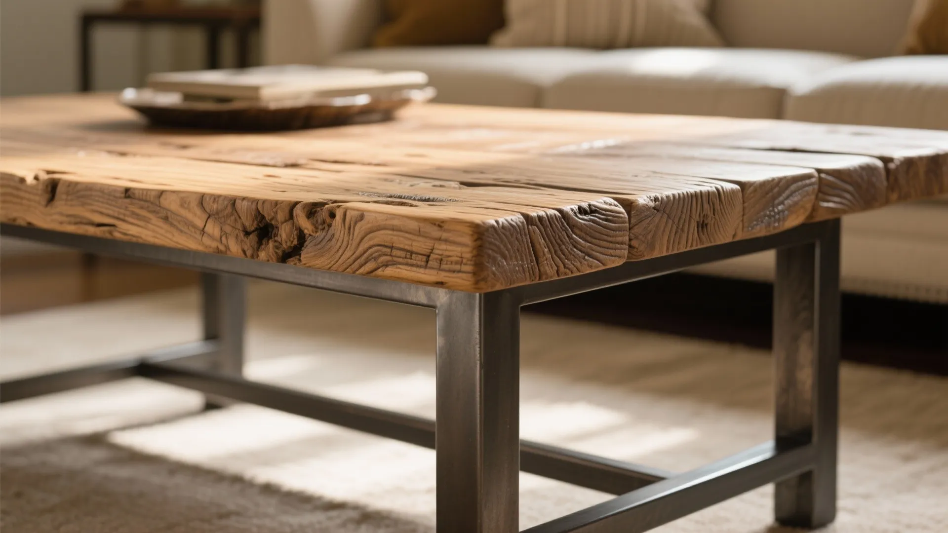 Macro detail of reclaimed oak coffee table with metal legs