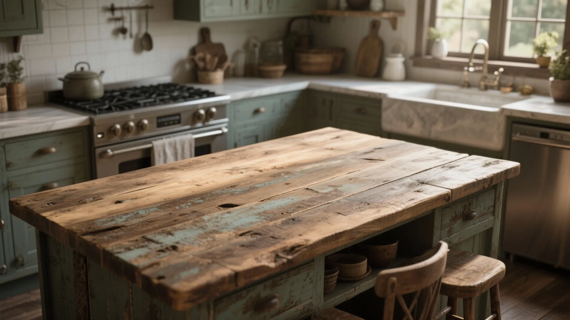 Rustic kitchen island made of natural old wood beside green cabinets with stove and sink