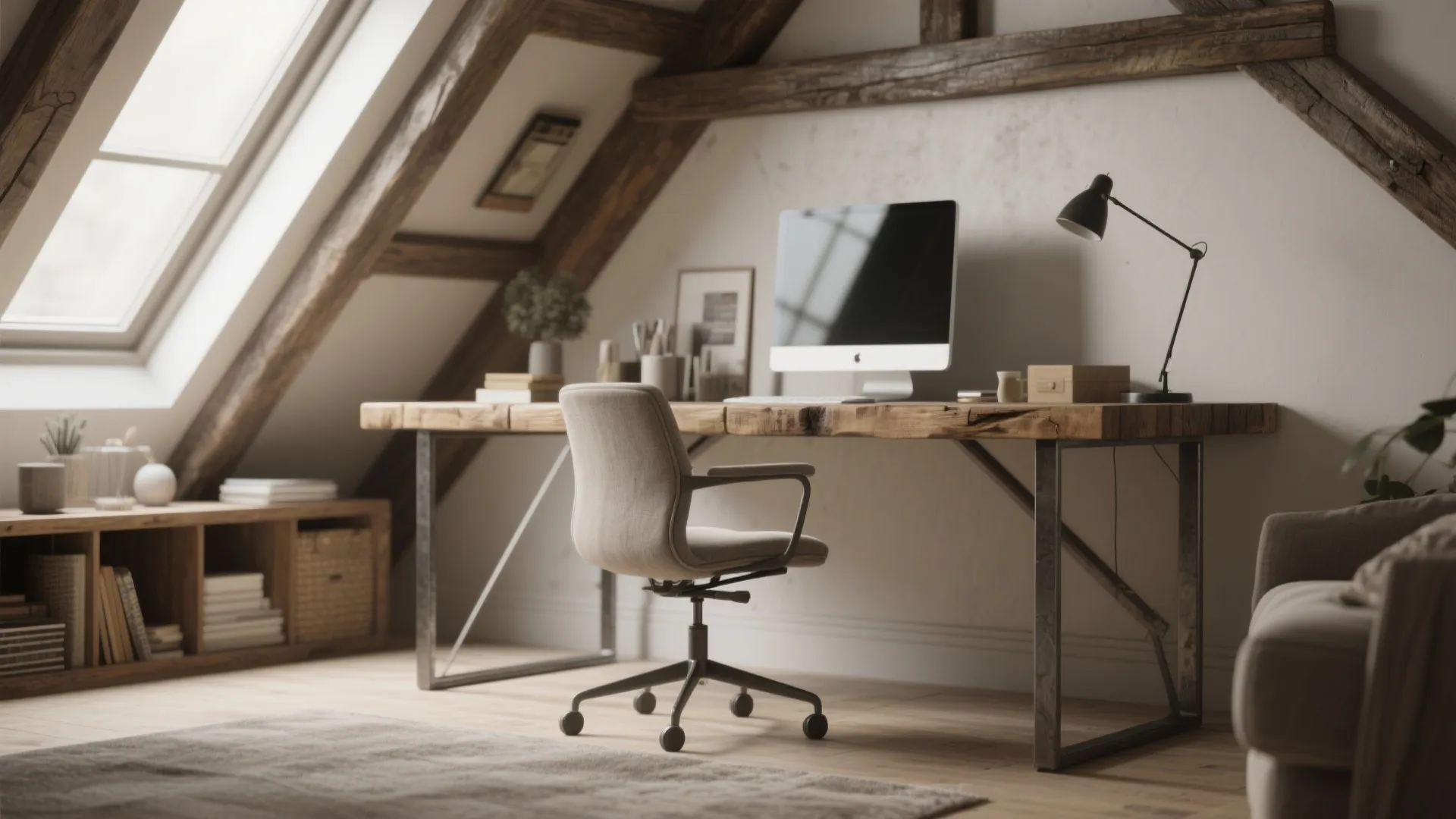 Rustic wood desk with computer and chair in attic room with beams and a roof window