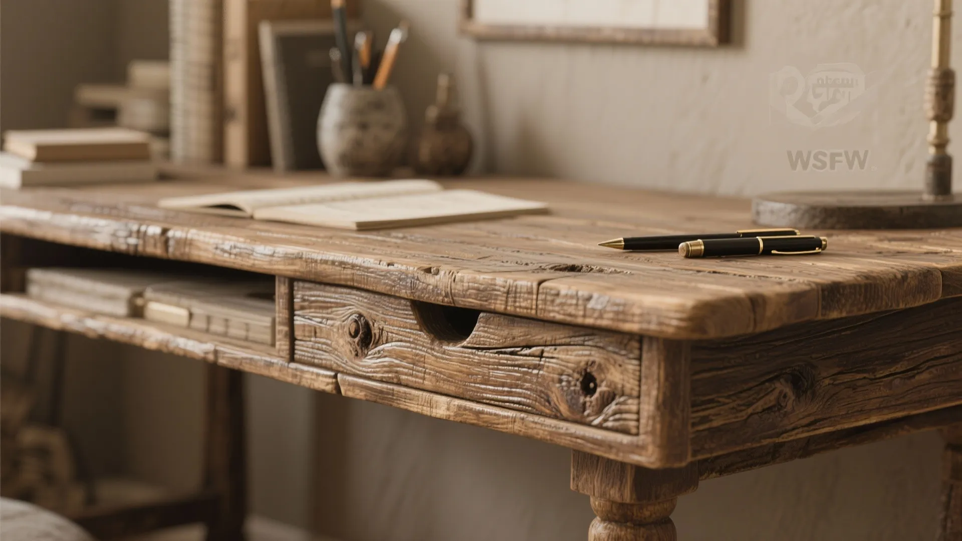 Vintage wooden desk with small drawer and black pens on surface in a home office