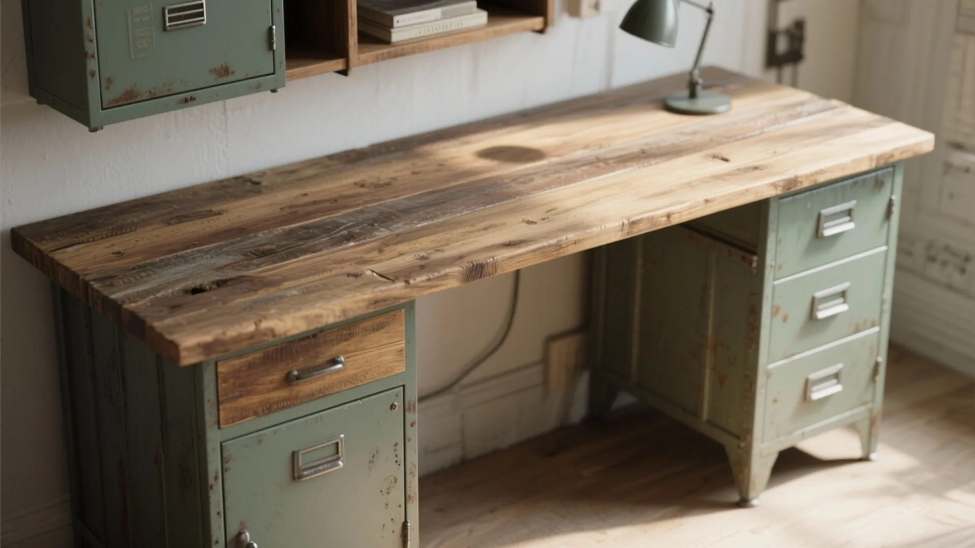 Desk with a sanded, stained reclaimed wood top and uniformly painted metal cabinets, showing wood grain and matte paint finish.