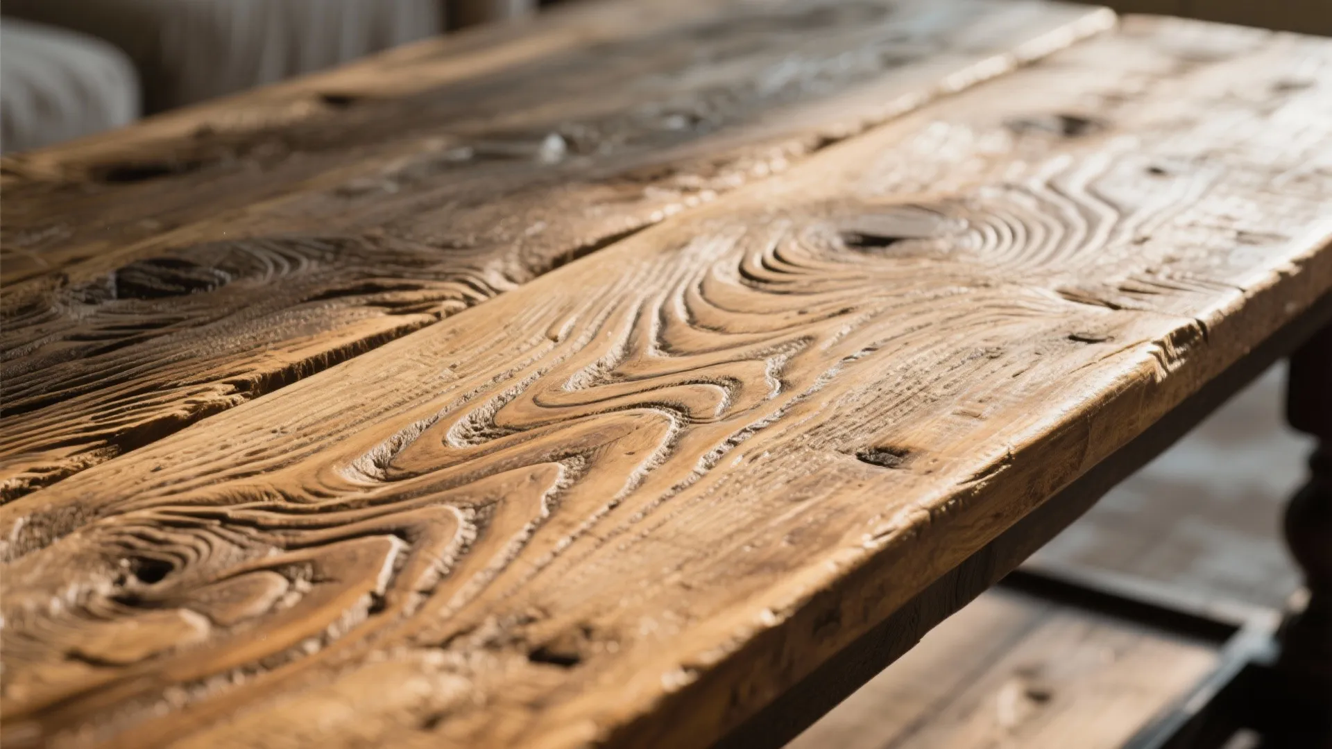 Detailed close up of a rustic wooden table top showing natural wood grain and textured surface