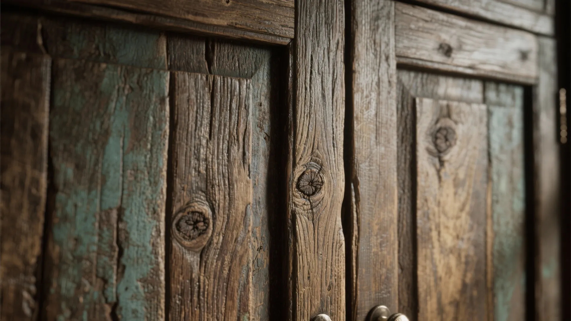Textured reclaimed wood cabinet door with visible knots and patina