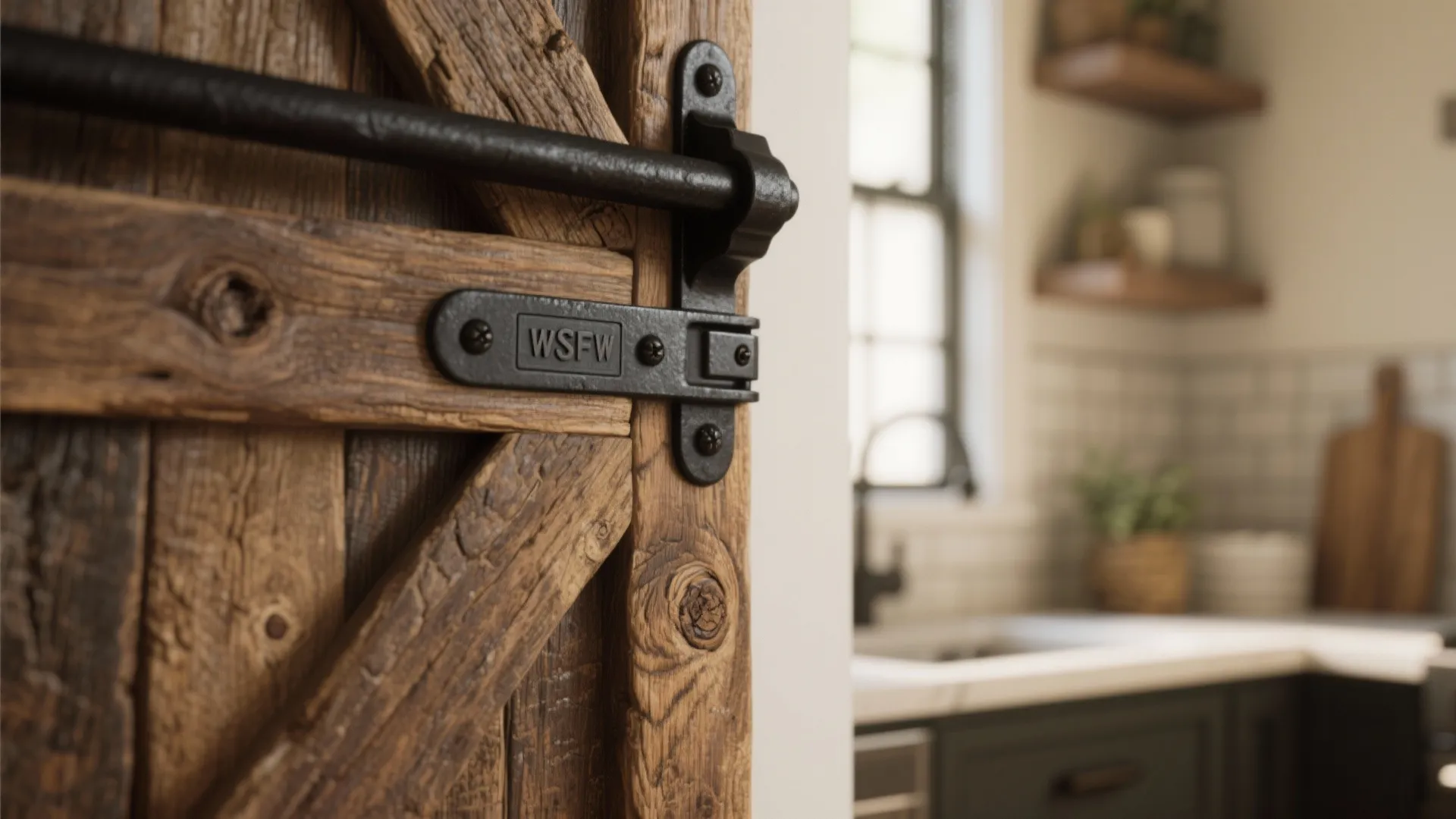 Close-up of reclaimed wood barn door with matte-black hanger hardware in a kitchen.