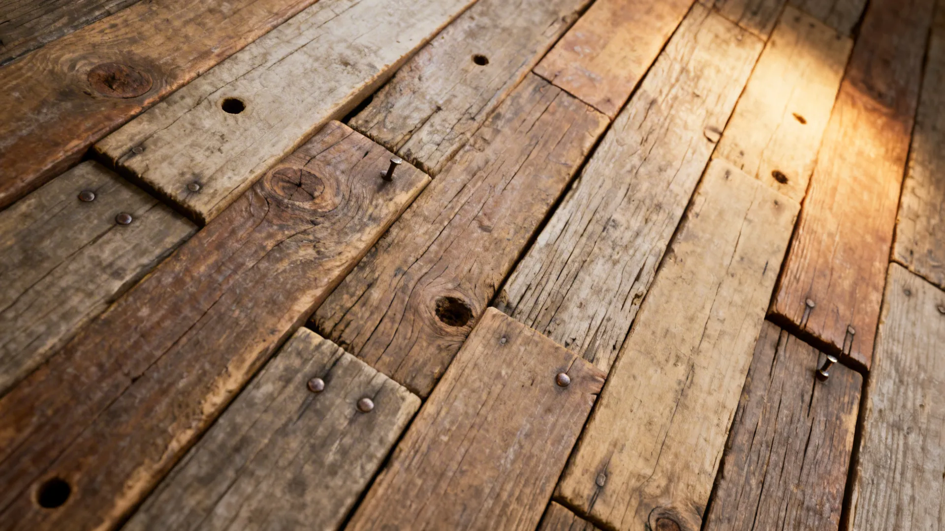 Close up of old brown wooden floor planks with visible wood grain and rusty nails