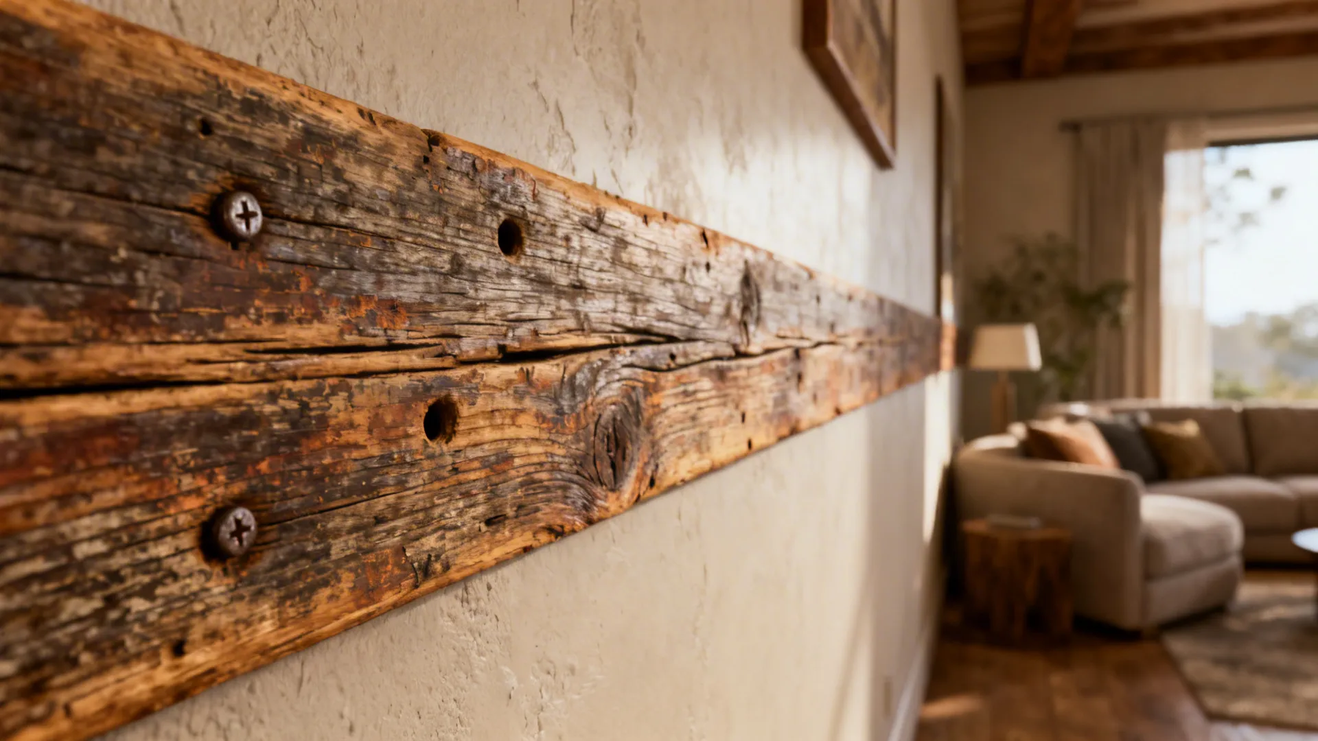 Close-up of reclaimed wood accent with weathered grain and nail marks