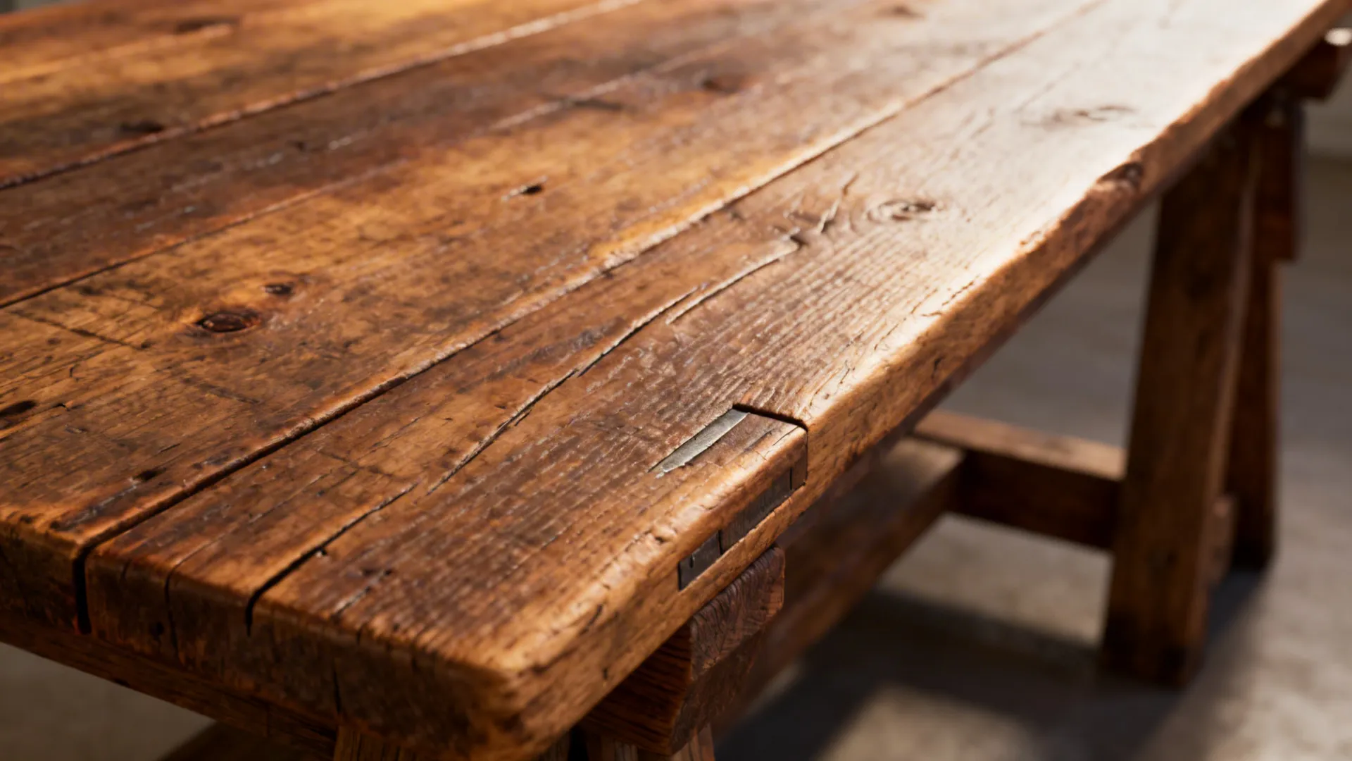 Close-up of reclaimed wood dining table grain and finish showing natural imperfections.