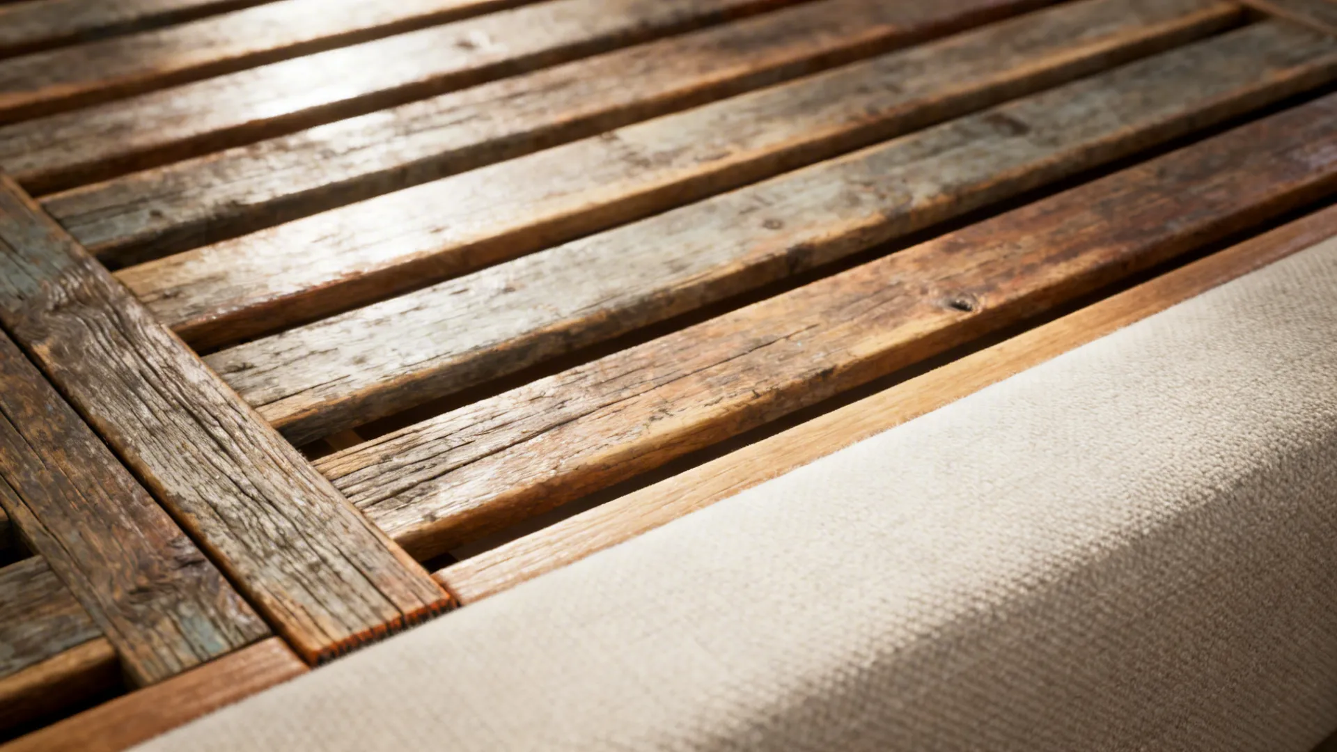 Close-up of reclaimed wood slat accent wall with visible grain and warm tones.