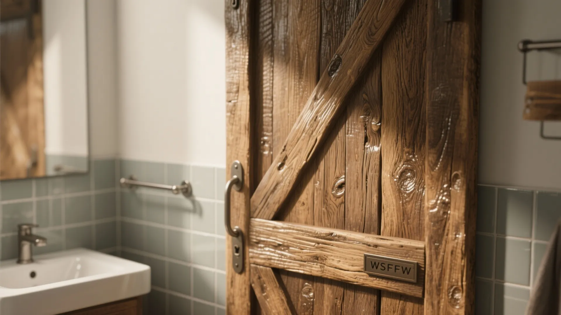 Rustic wooden barn door inside a bathroom with light blue wall tiles and white sink