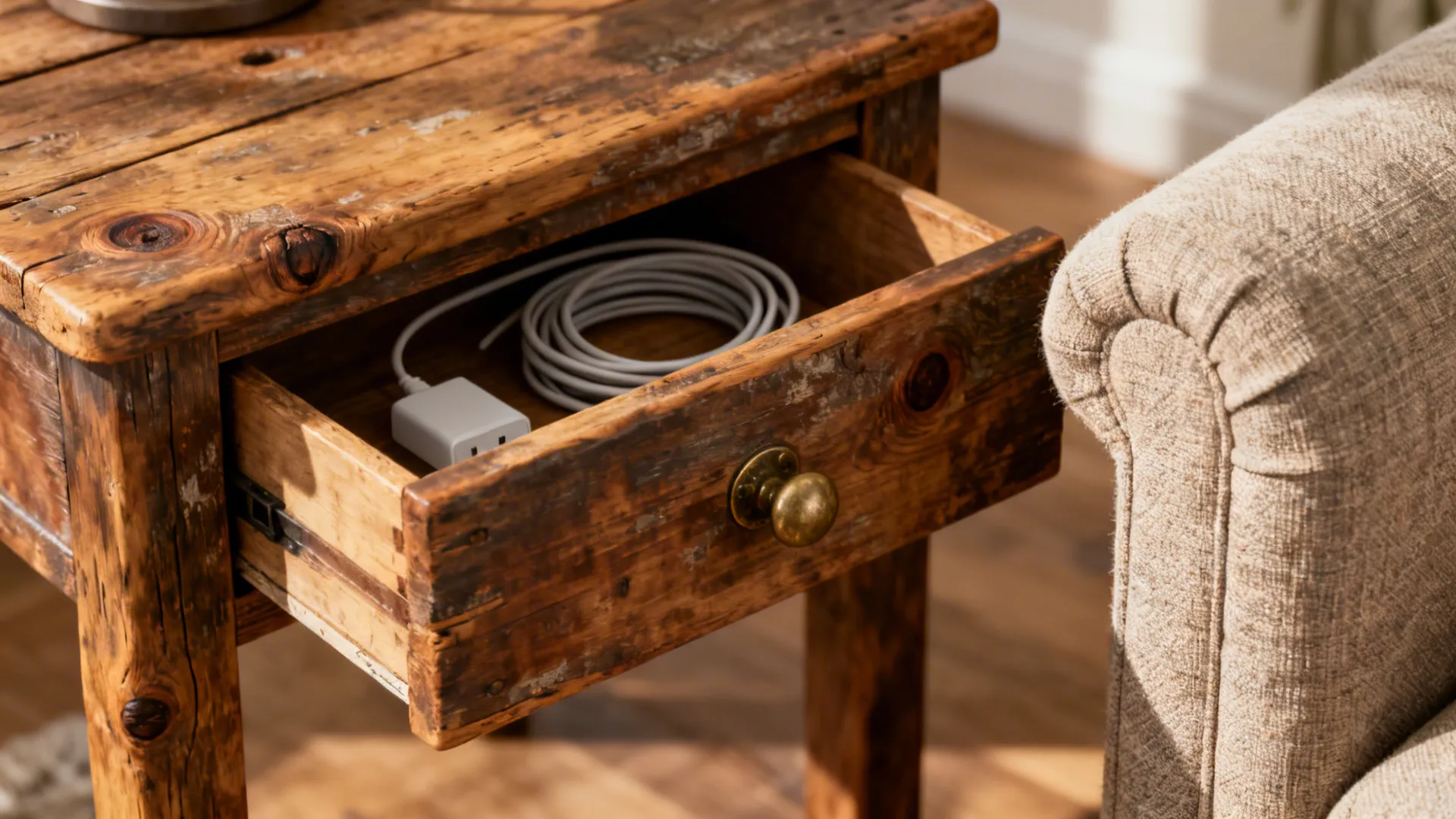 Close-up of a reclaimed wood drawer end table with visible grain and brass pull next to a sofa.