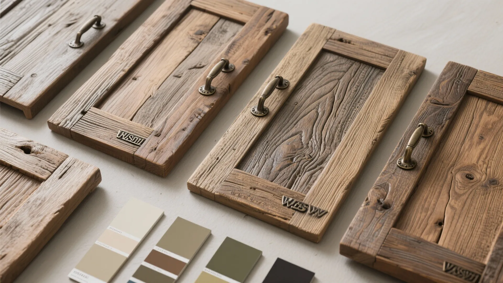Reclaimed wood cabinet door samples with vintage metal handles and several colorful paint swatches on surface