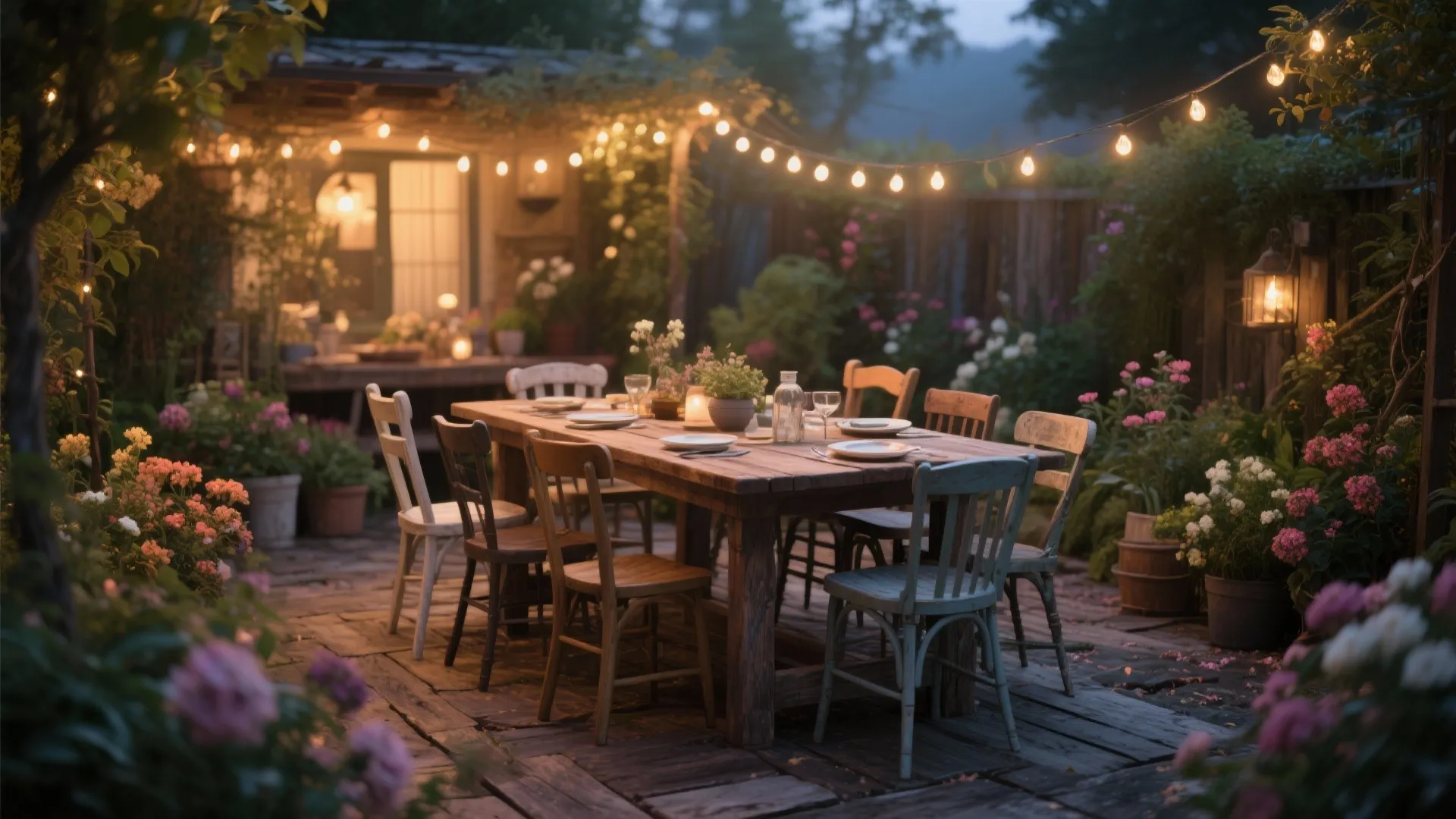 Rustic garden patio with wooden dining table and colorful flowers under decorative outdoor string lights