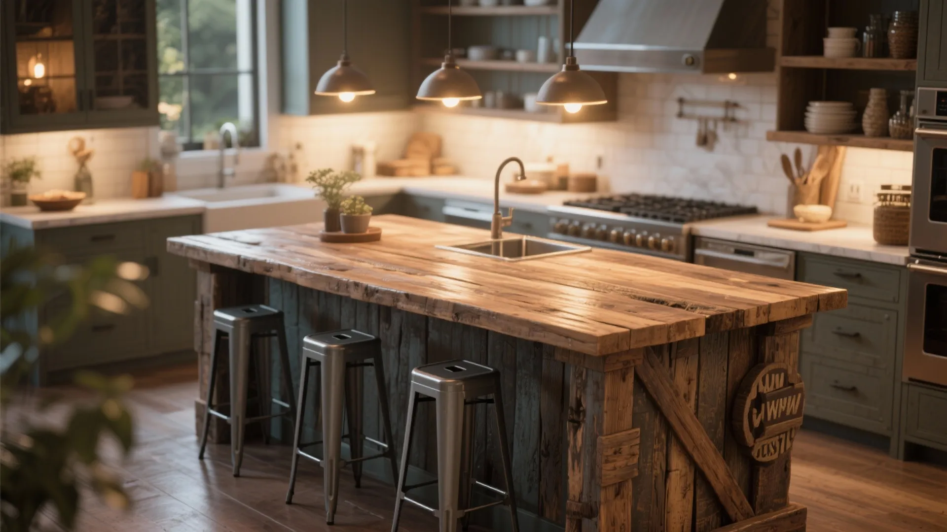 Rustic kitchen featuring reclaimed wood island three ceiling lights metal stools and dark green cabinets