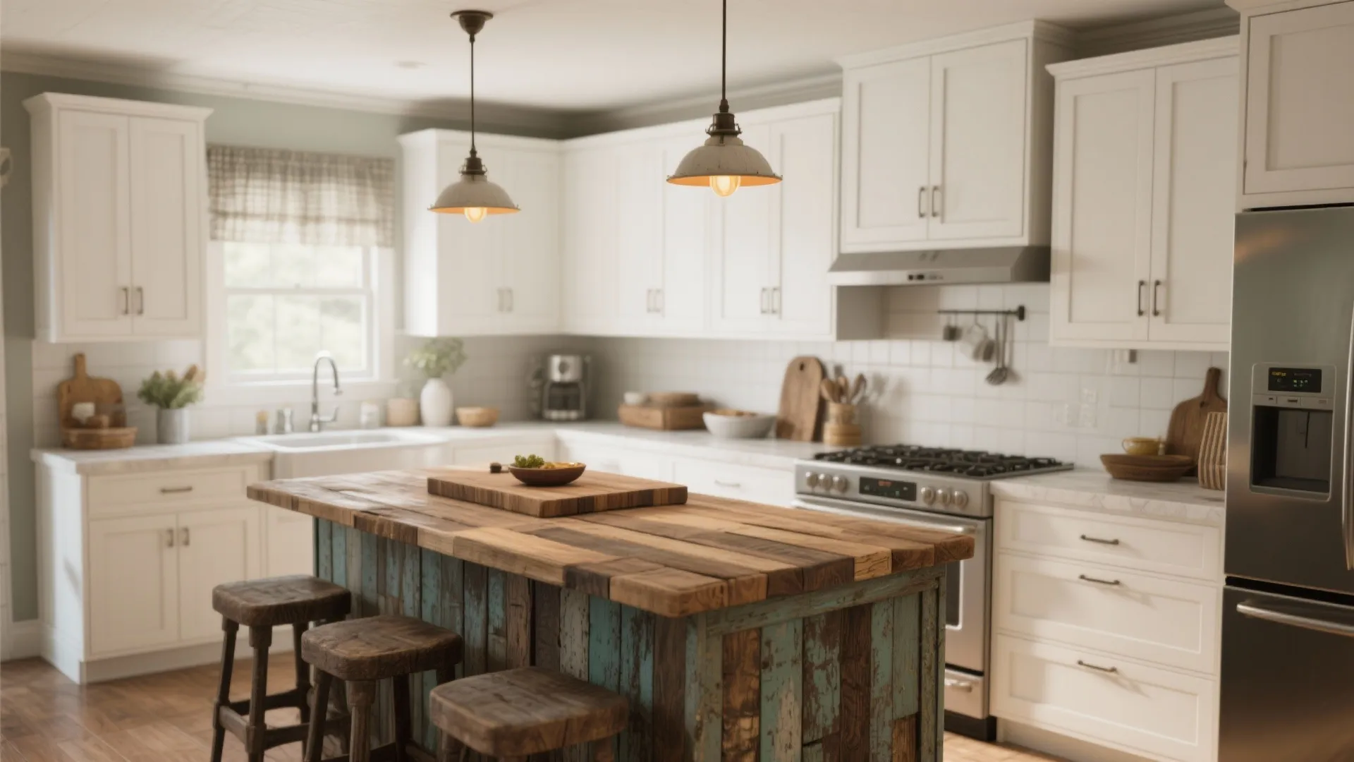 2. Reclaimed wood countertops with painted white cabinets