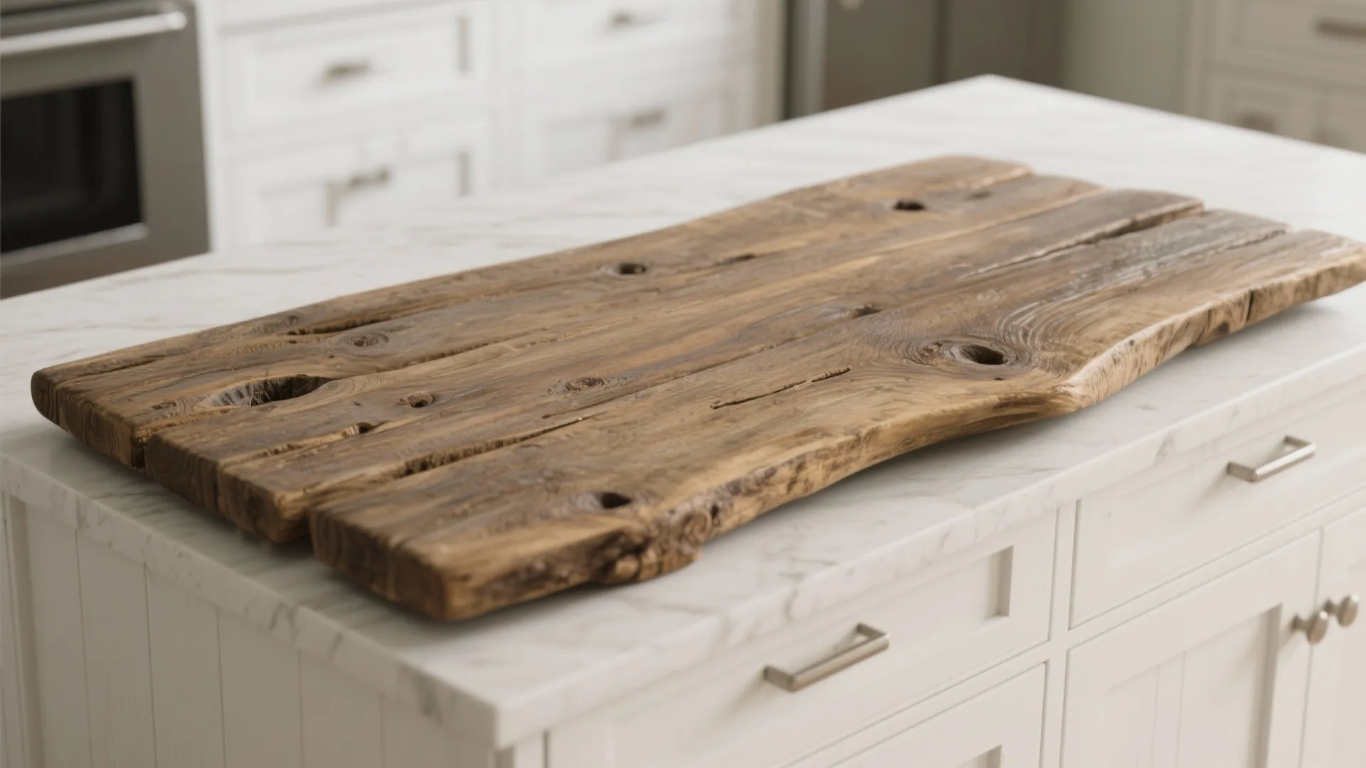 Natural wood board with rough texture sitting on top of white marble kitchen island counter