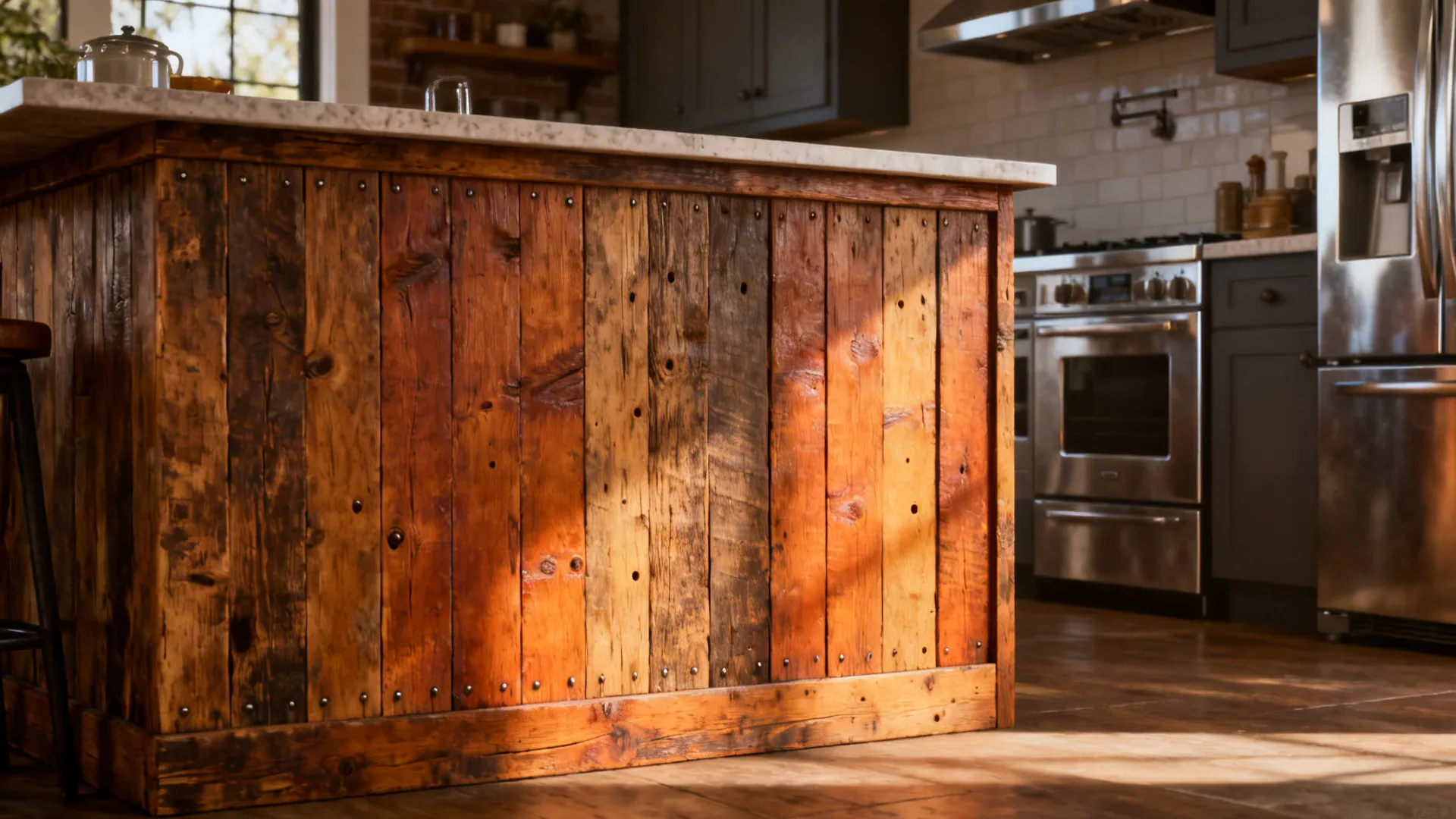 Kitchen island back covered in warm reclaimed wood planks with visible grain and texture