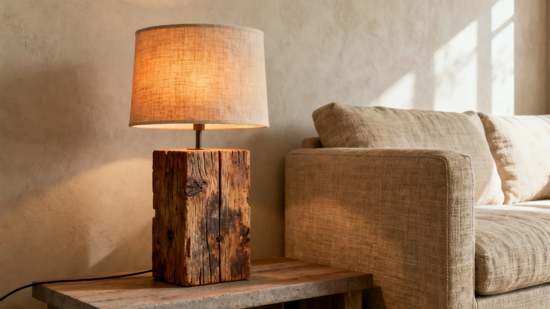 Reclaimed wood block lamp with linen shade on a bench in a TV nook