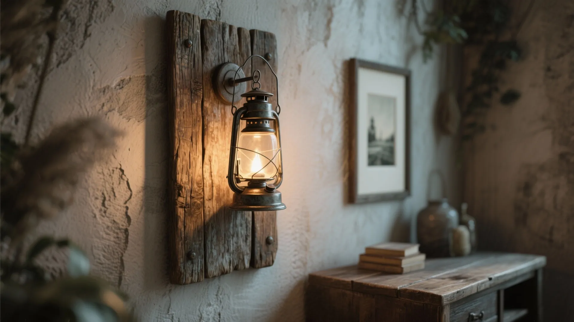 2. Reclaimed Wood Backplate with Mounted Lantern