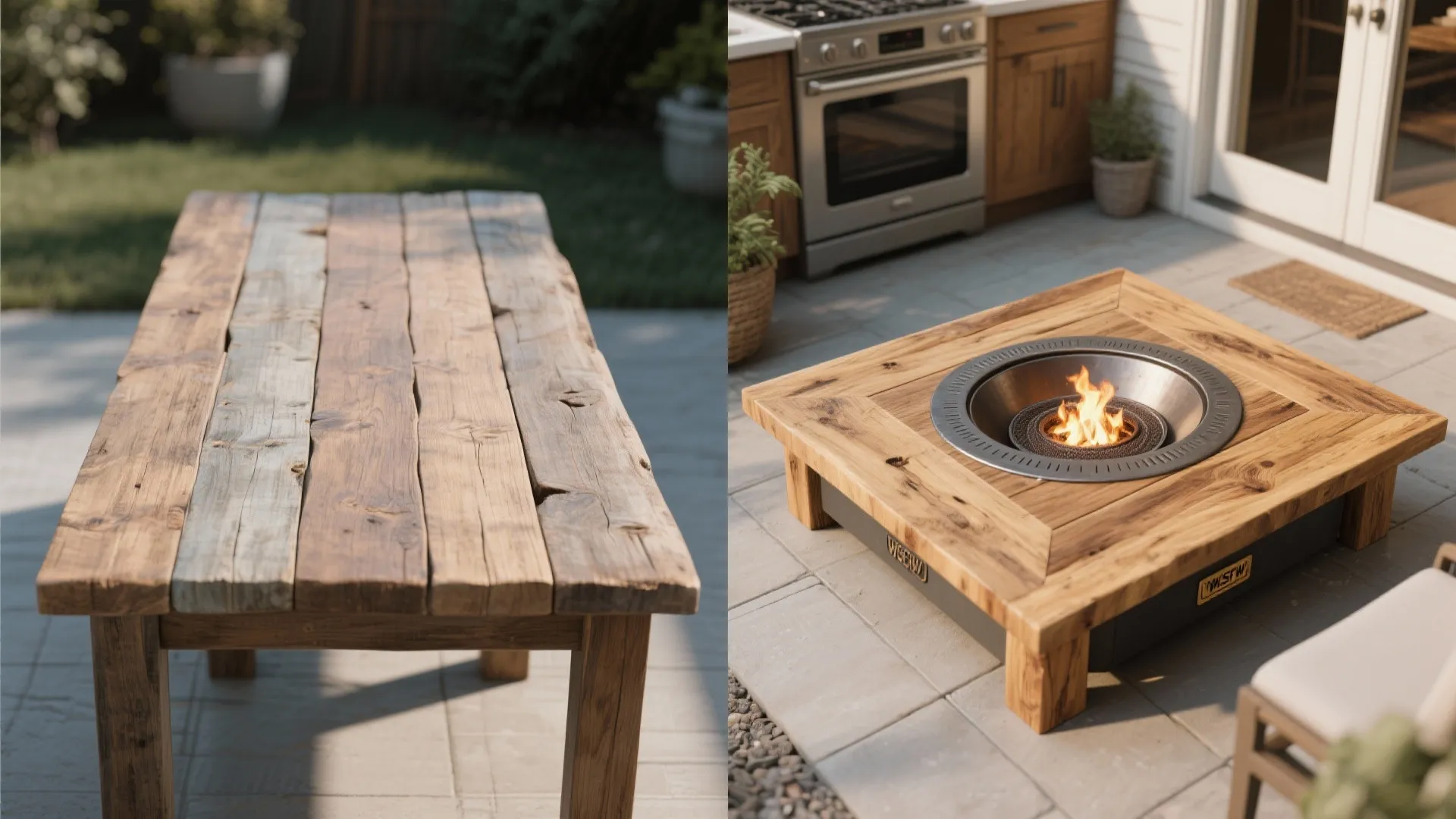 Side by side view of a rustic wood dining table and a matching outdoor fireplace