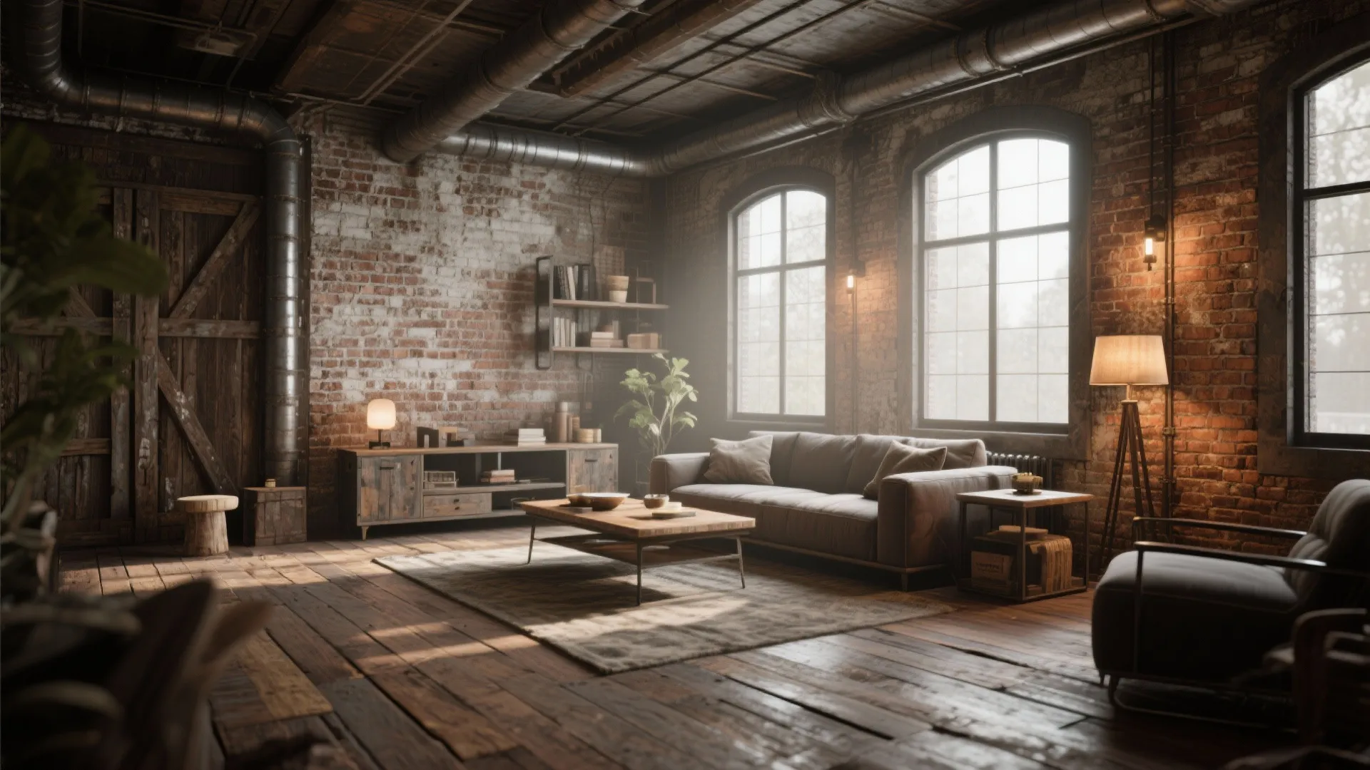 Rustic loft living room with reclaimed barn wood flooring and industrial accents