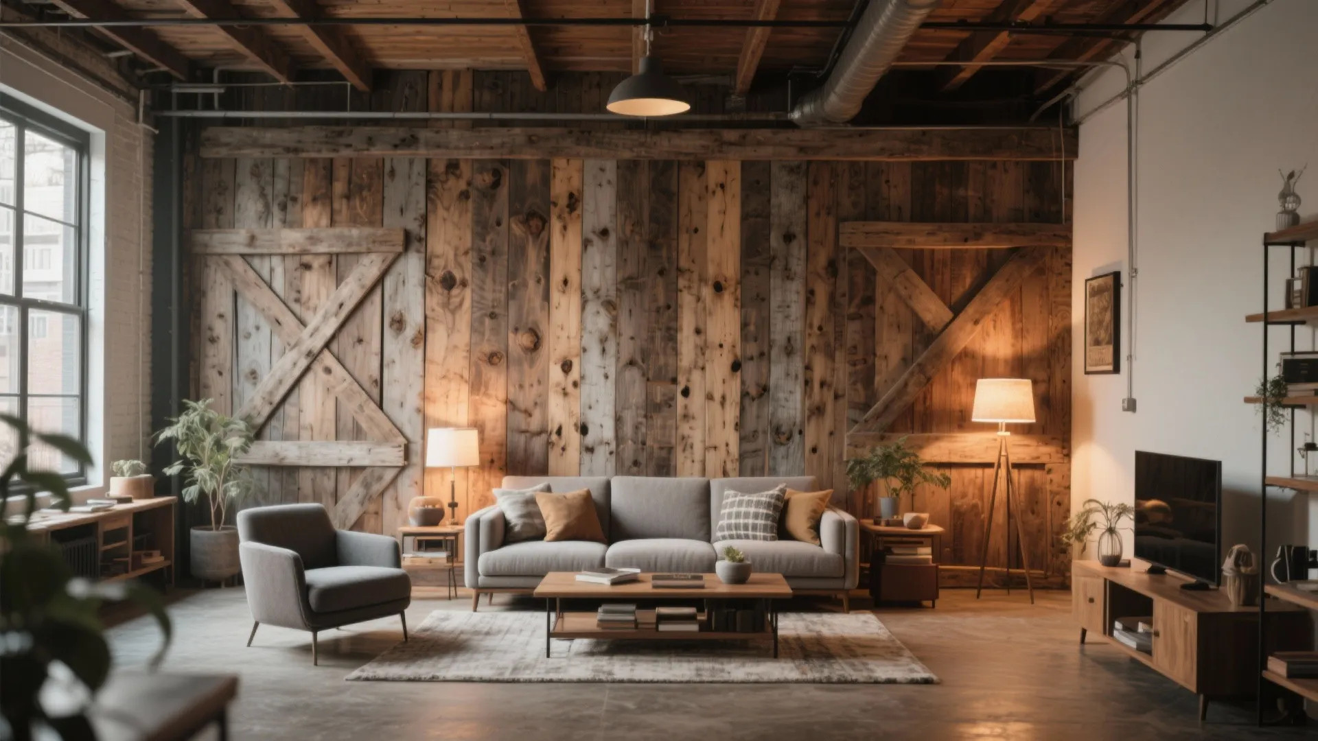 Industrial living room featuring reclaimed wood wall exposed ceiling grey sofa and wooden media cabinet