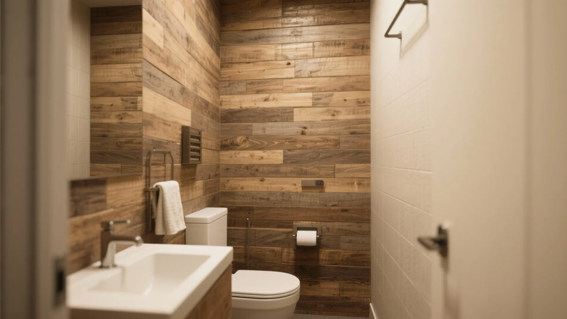 Small bathroom with reclaimed wood laminate wall panels