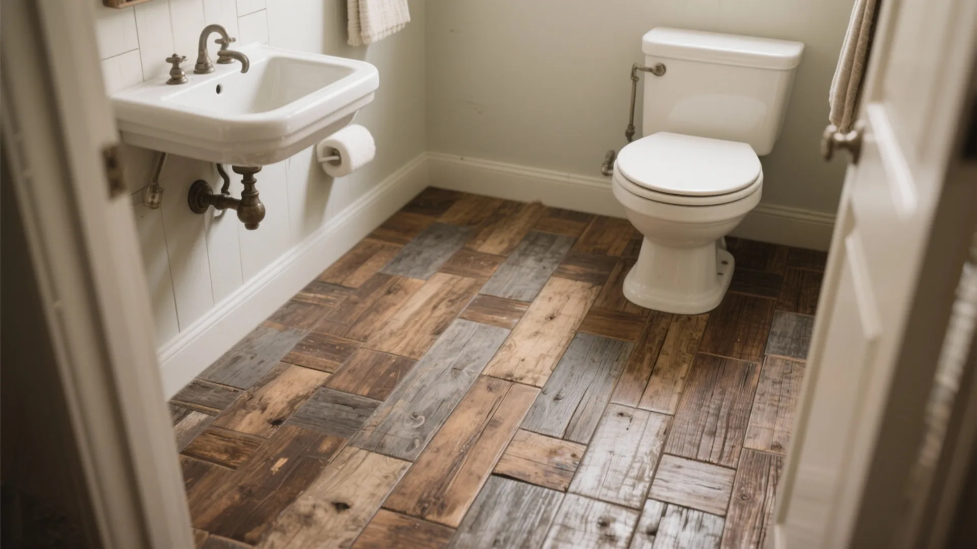Small bathroom with white toilet and sink featuring rustic dark wood look floor tile design