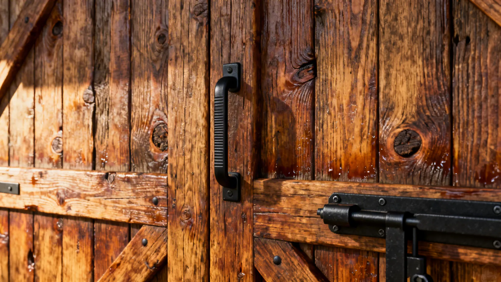 Close-up of reclaimed oak grain with matte black pull and soft-close track.