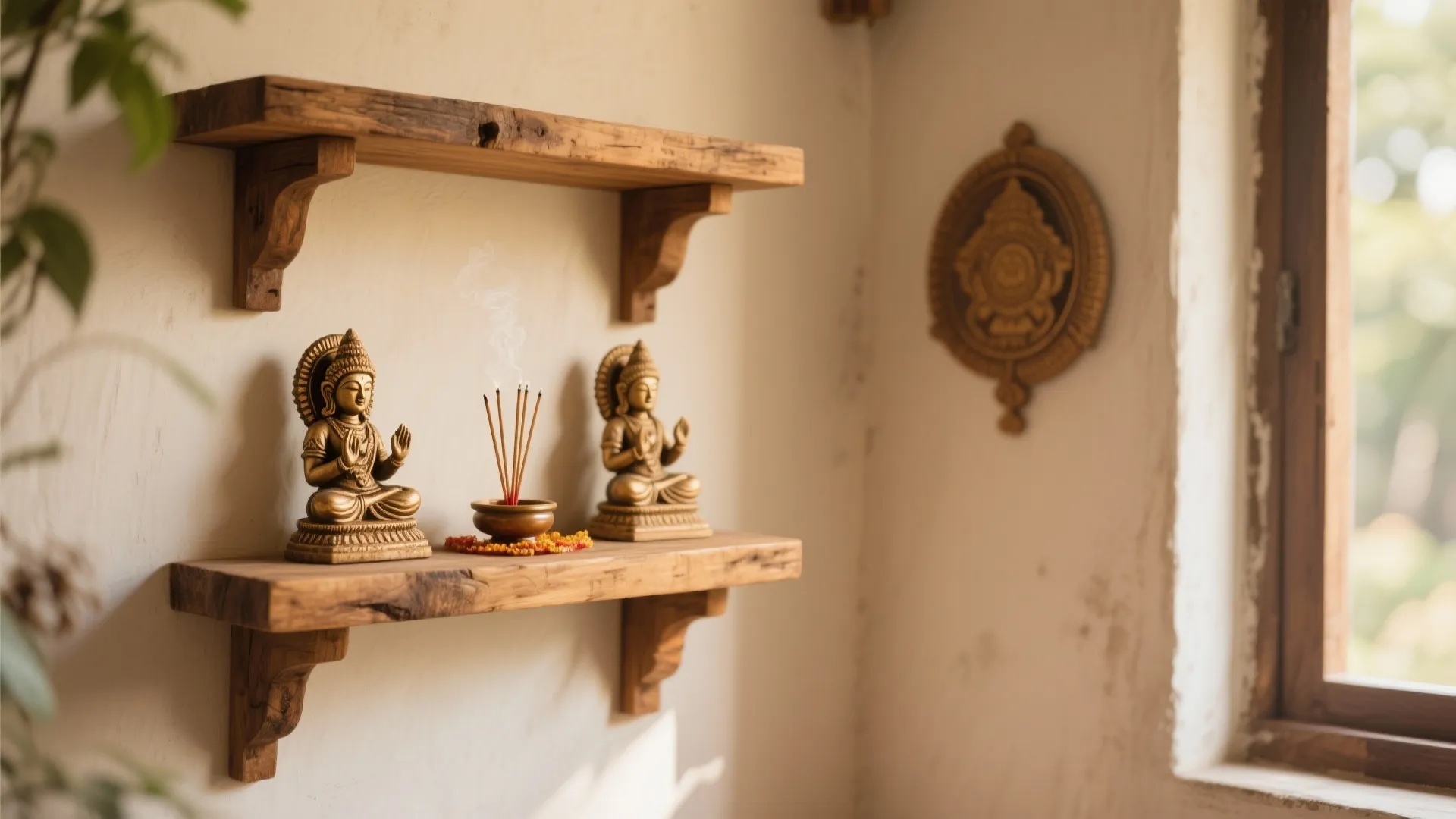 2. Reclaimed wood shelves for earthy vibes