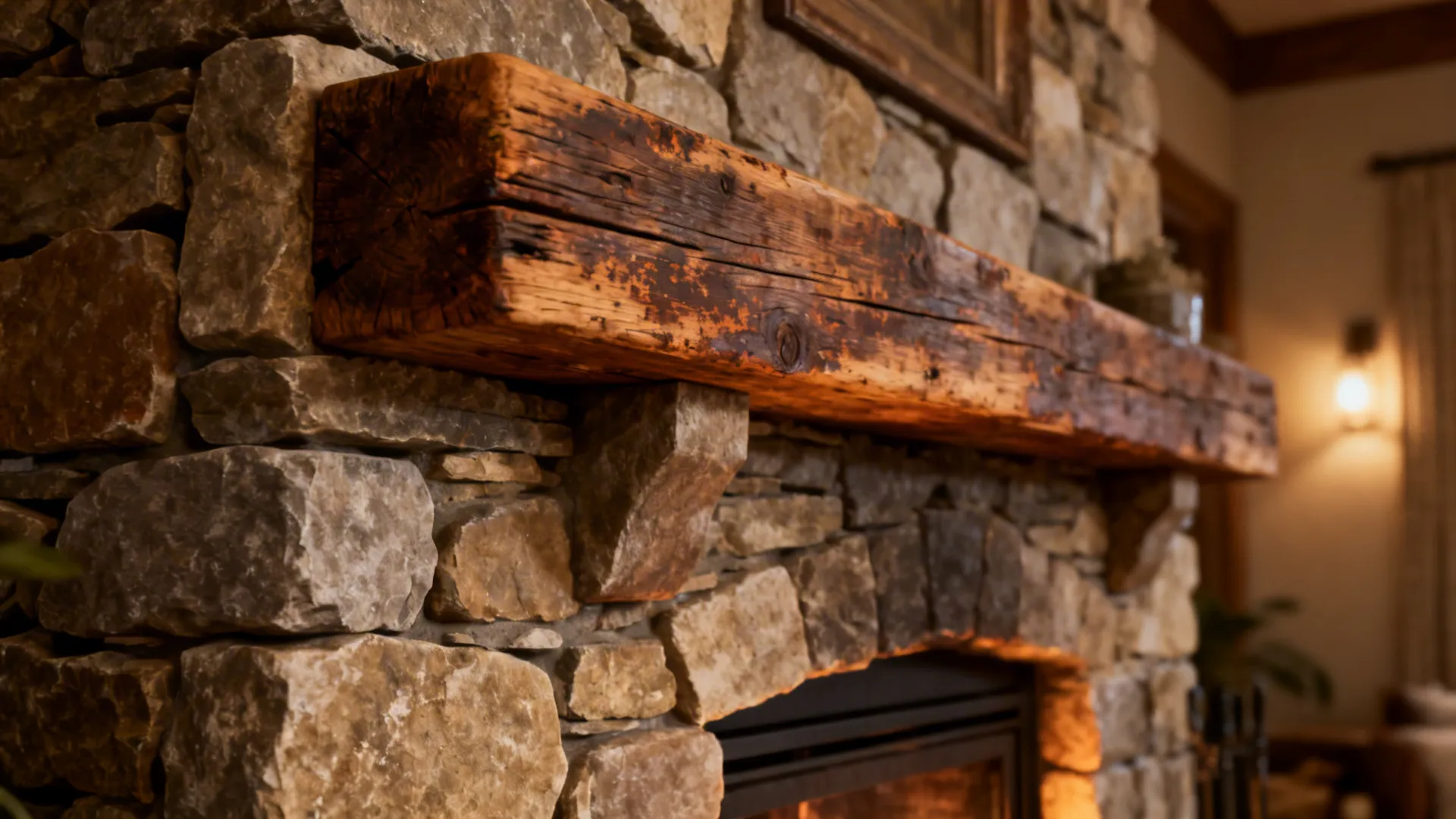 Close-up of reclaimed wood mantel above a textured stone fireplace showing wood grain and stone detail