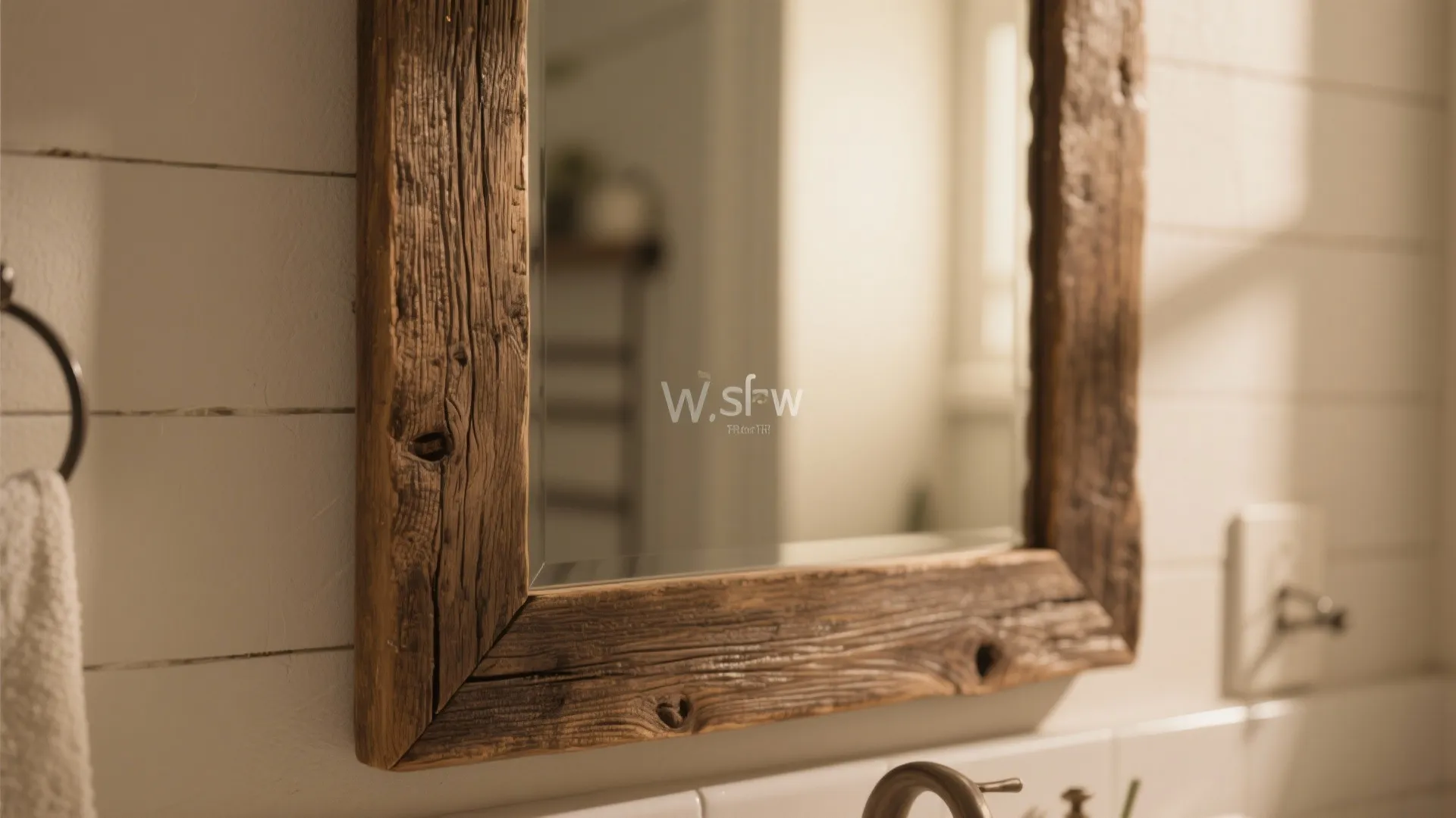Close up of mirror with thick rustic wood frame on white wall with one white towel