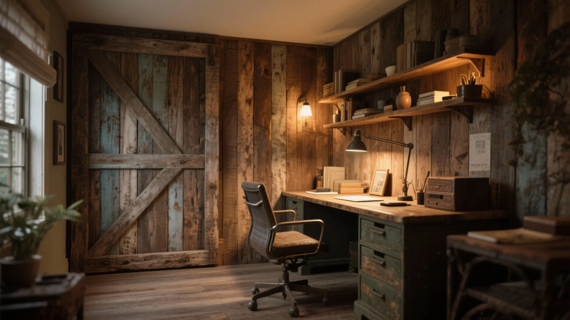 Rustic workspace with reclaimed wood panel feature wall