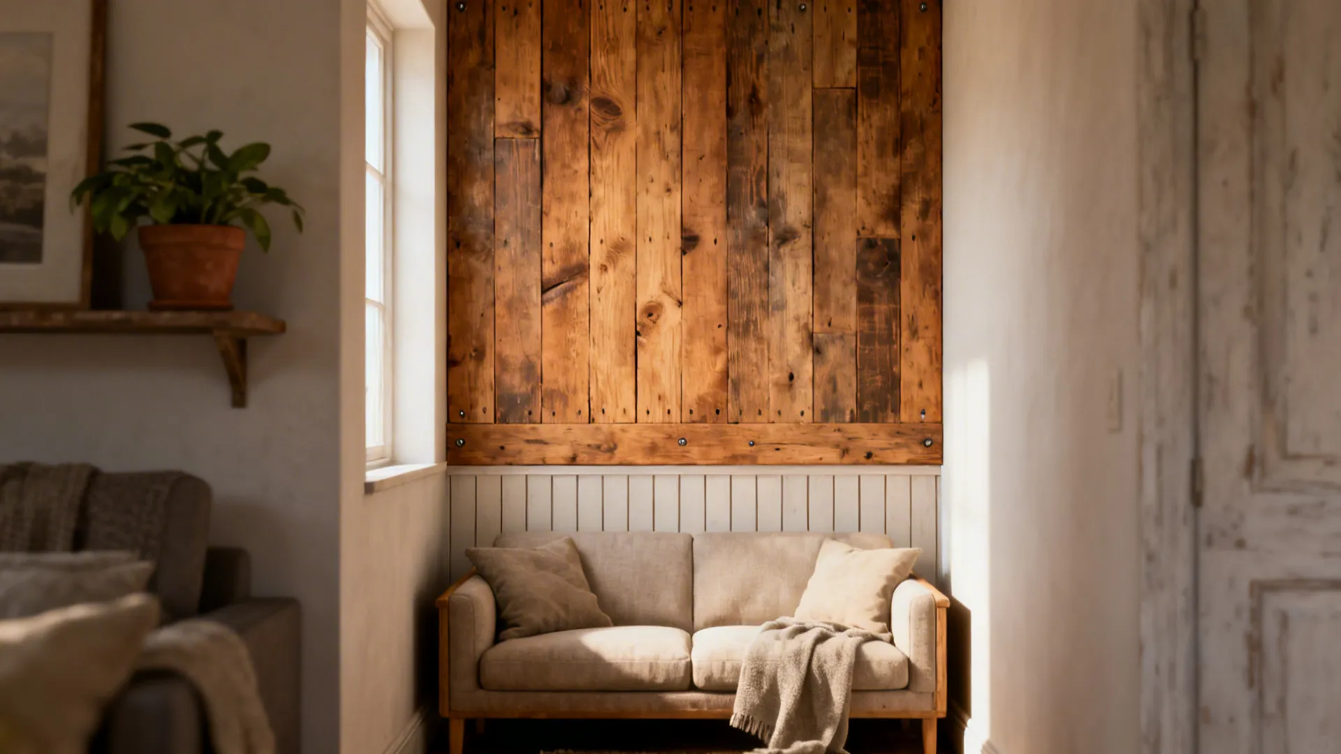 Narrow reclaimed wood accent panel behind a sofa adding warmth and texture.